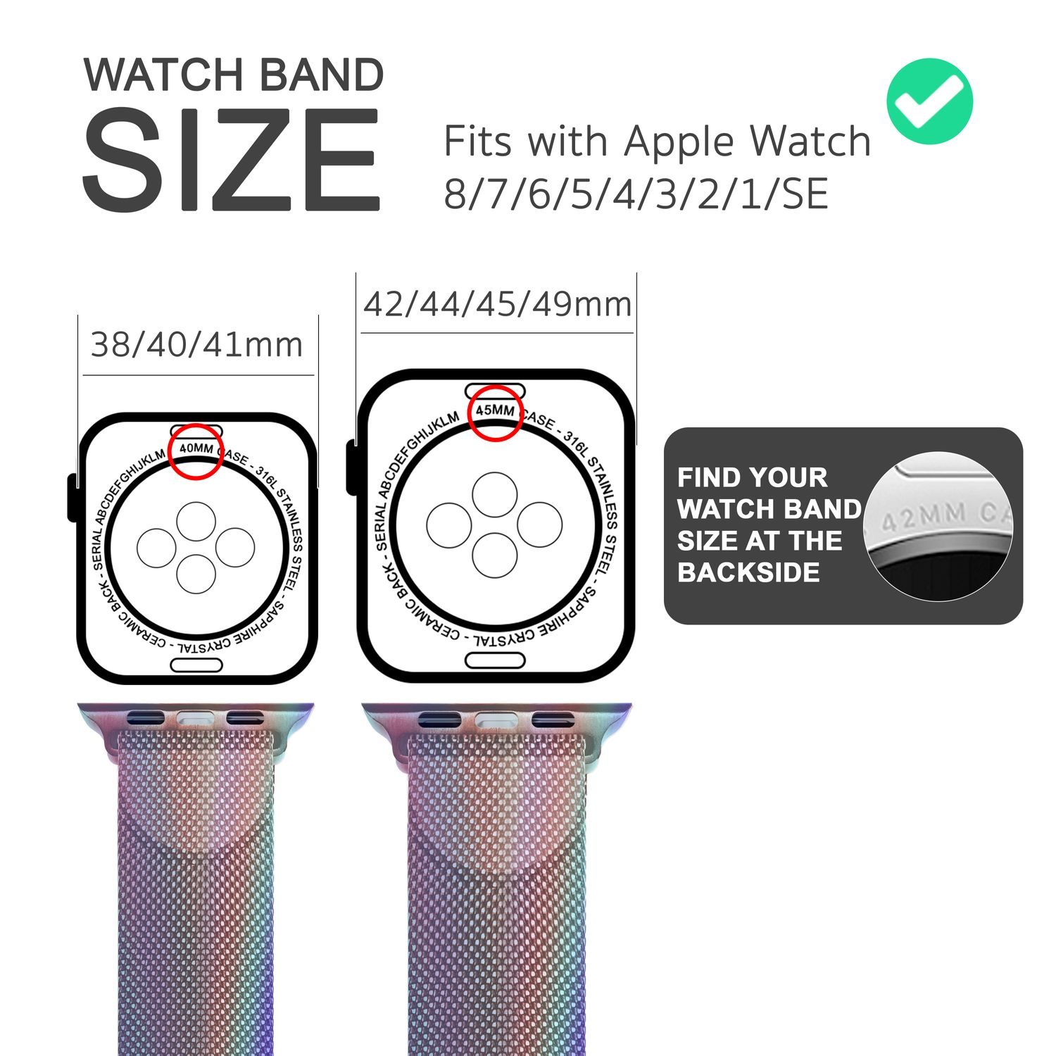 Diagramm mit Apple Watch-Größen. Die Uhrengrößen sind 38/40/41 mm und 42/44/45/49 mm.