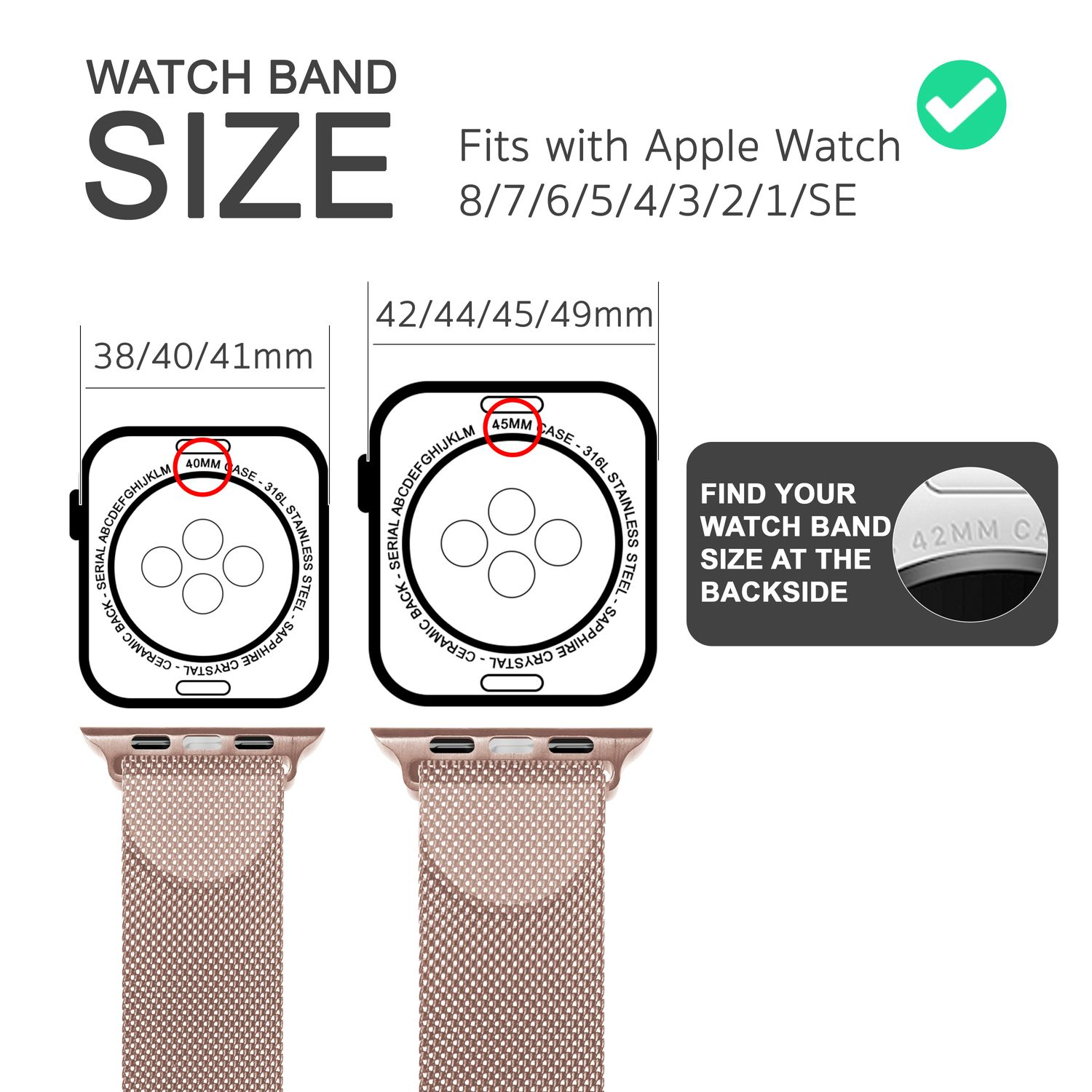 Diagramm mit Apple Watch-Größen, mit Zifferblättern und Armbändern. Text: WATCH BAND SIZE.