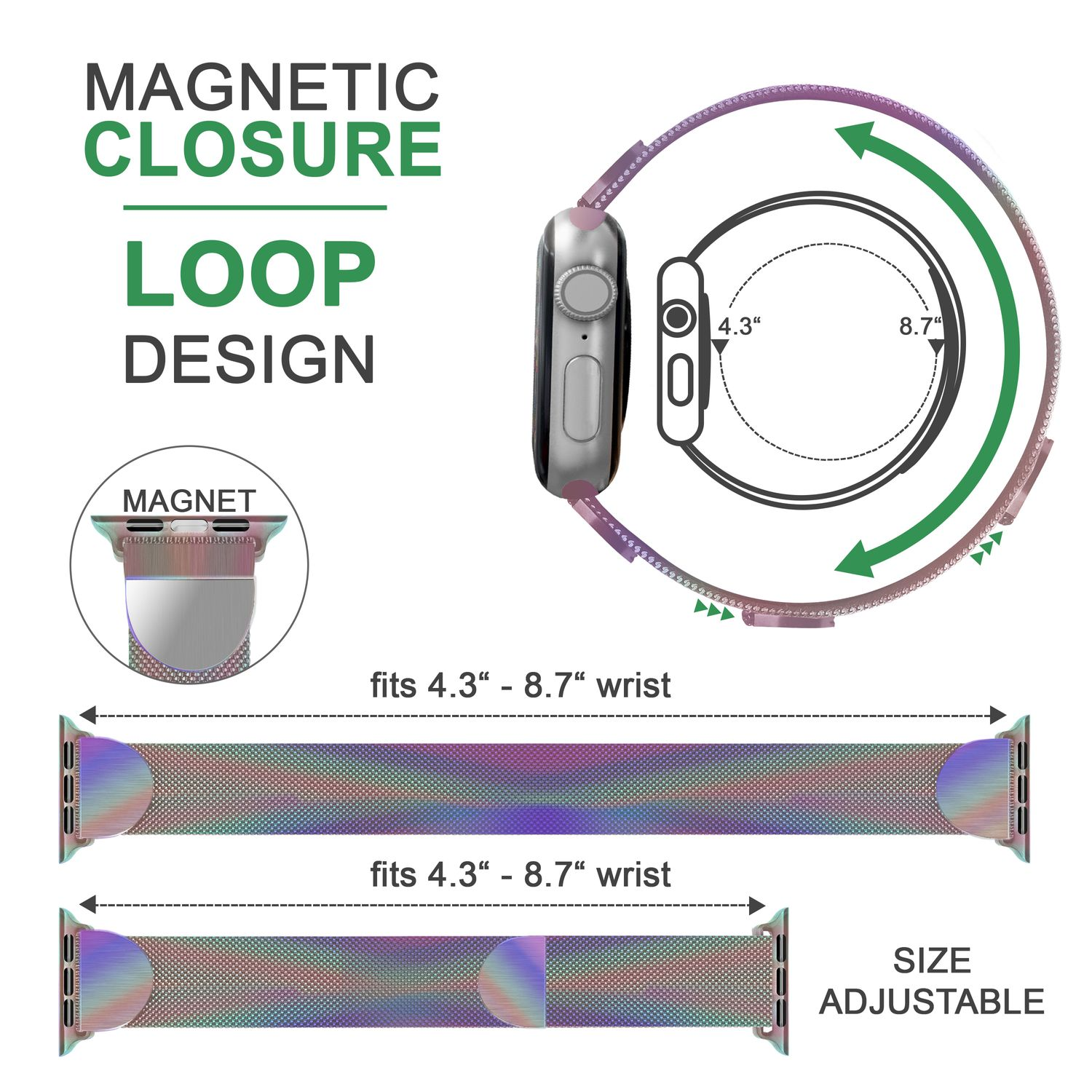 Apple Watch-Armband mit Magnetverschluss. Zeigt die Bandanpassung und Größenanpassungen für Handgelenksgrößen.