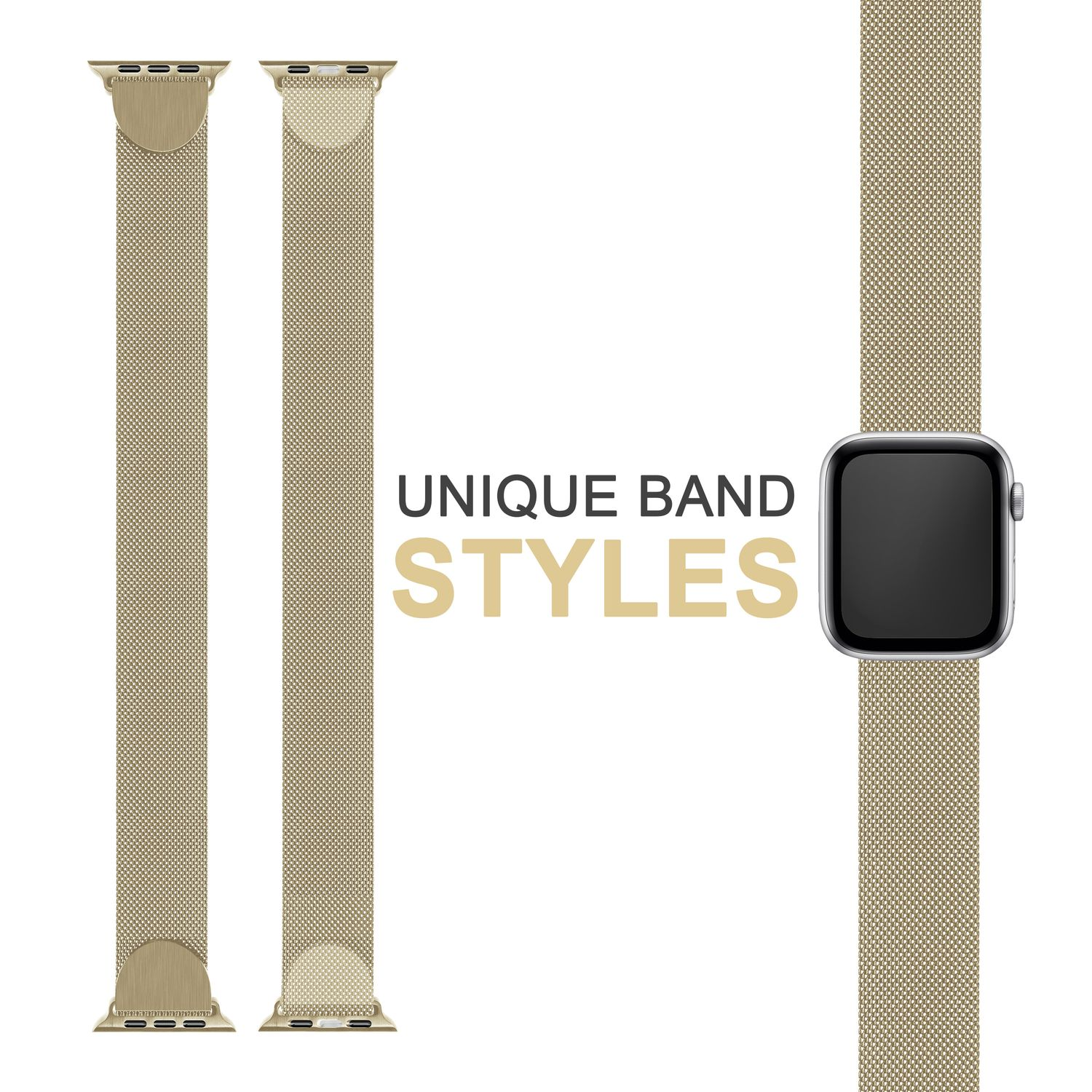 Goldenes Uhrenarmband mit einzigartigen Stilen und eine Uhr auf der rechten Seite.