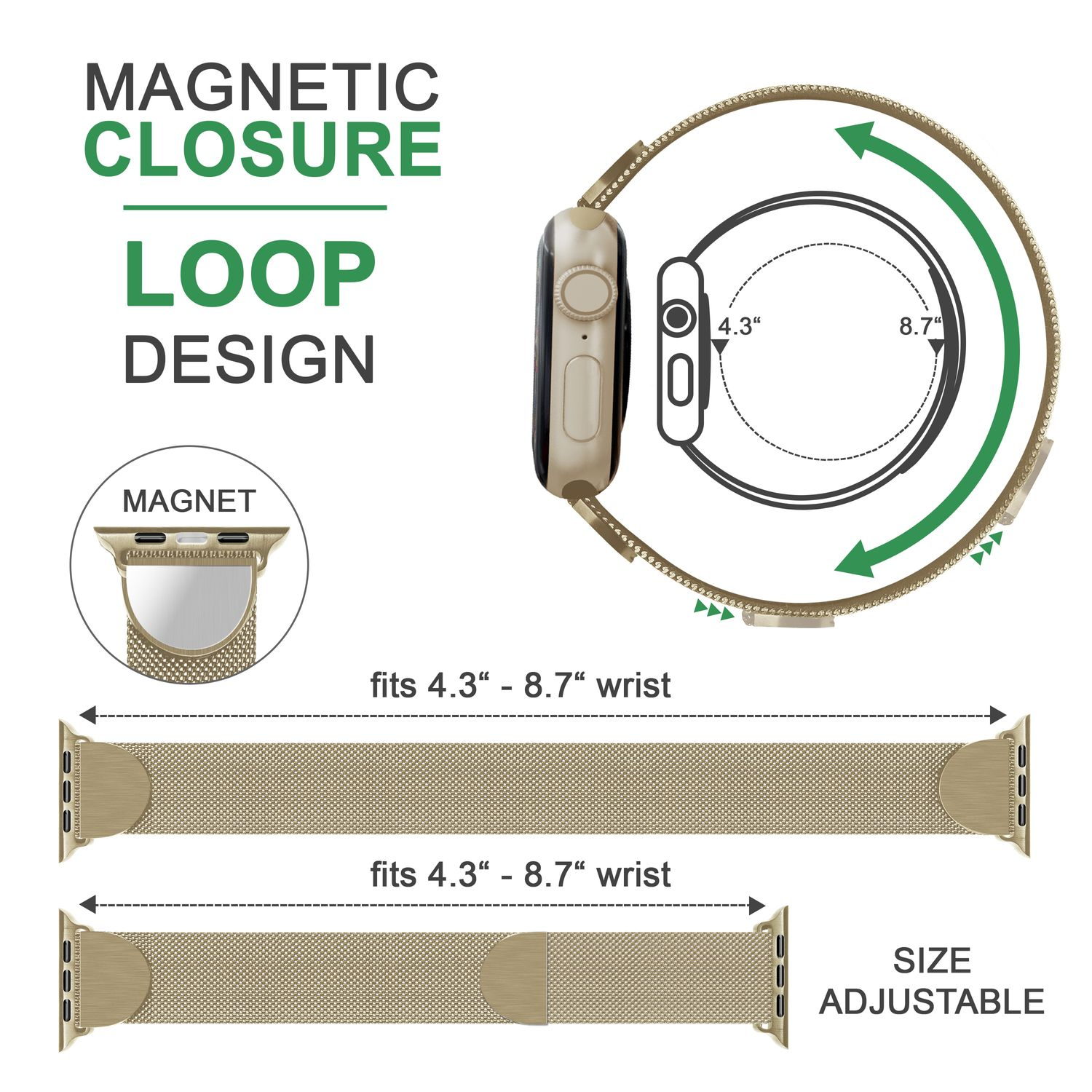 Goldenes Apple Watch-Armband, Magnetverschluss, Schlaufendesign. Zeigt Messungen für Handgelenkgrößen.