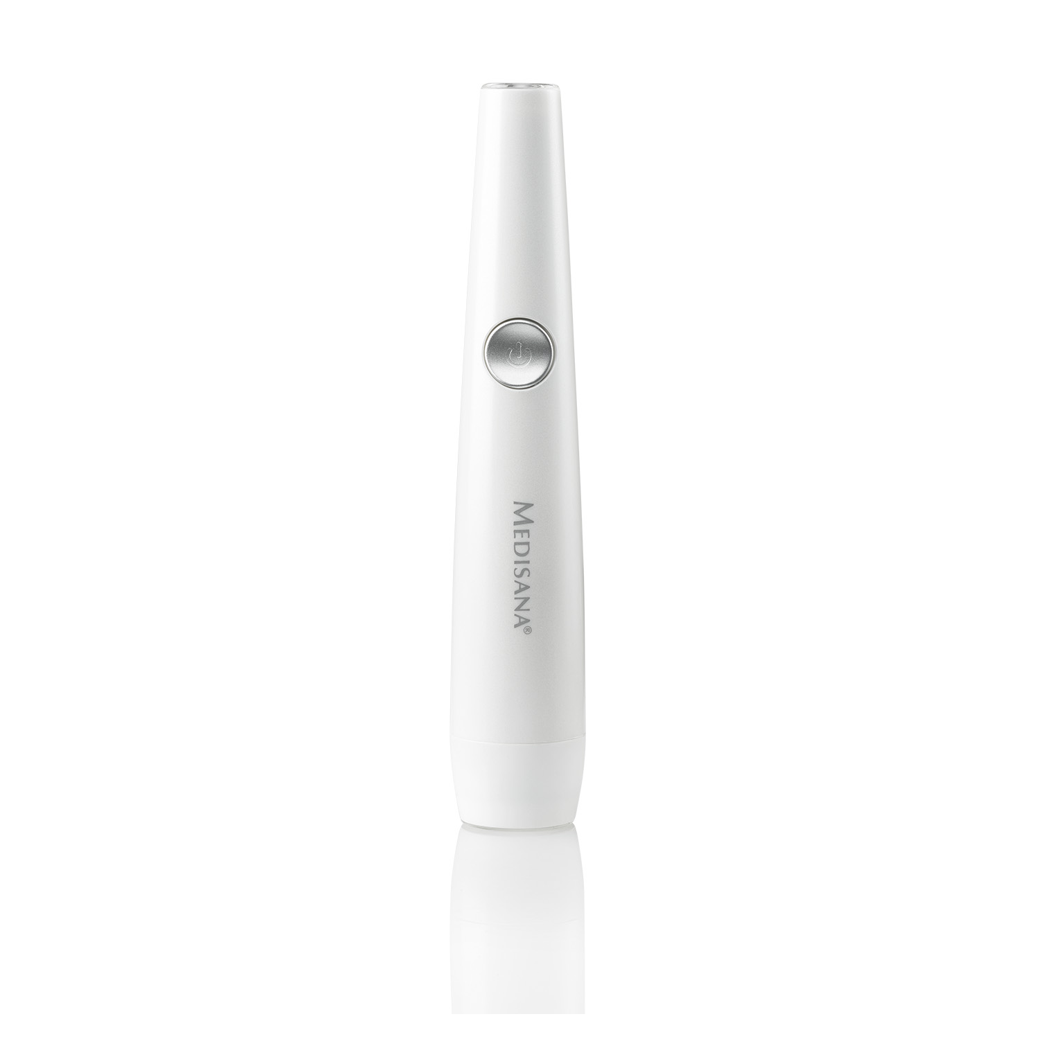 White Medisana device. It has a silver button and a tapered shape, likely for medical use.