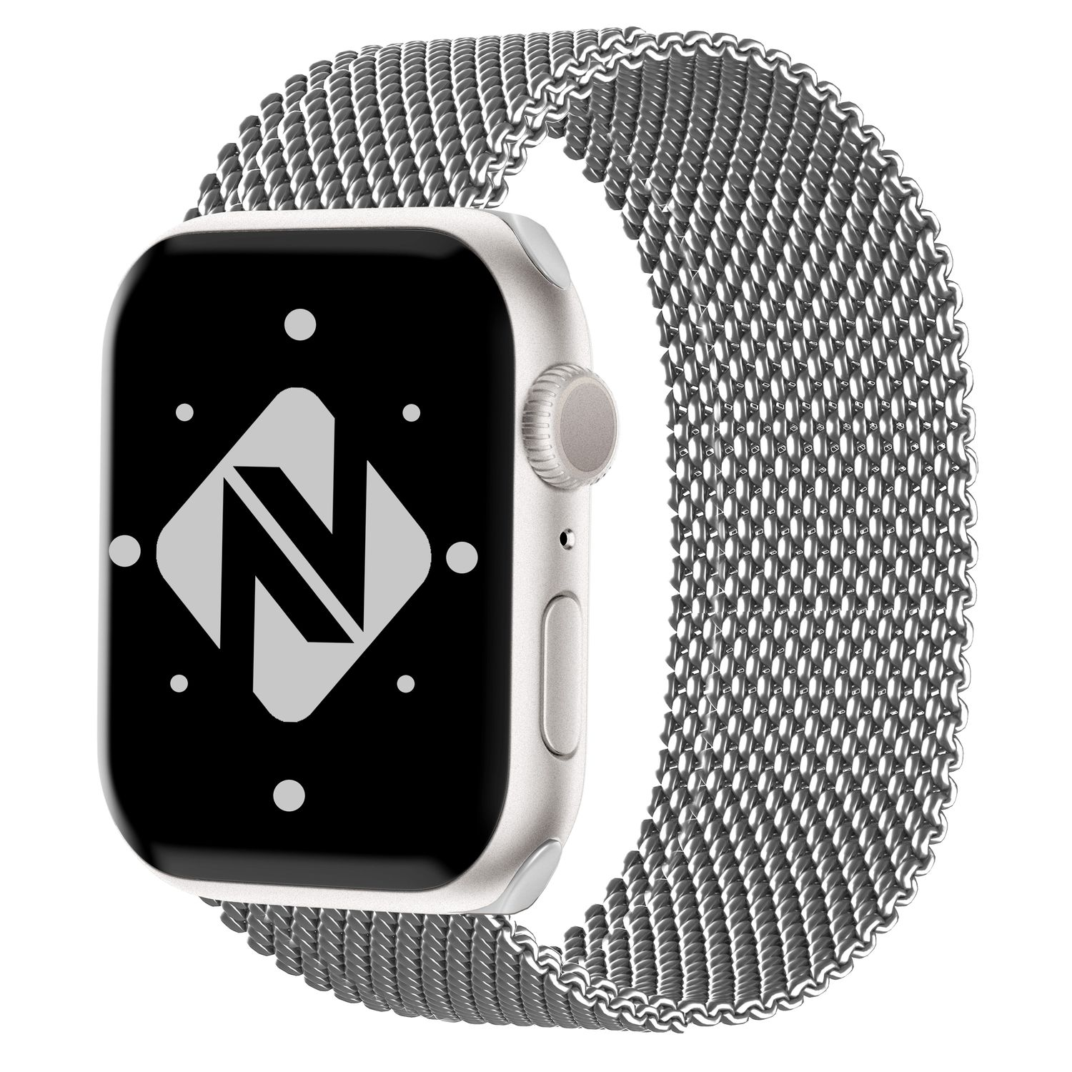Silberne Smartwatch mit Metallgeflechtarmband. Das Zifferblatt zeigt ein weißes N-Logo auf schwarzem Hintergrund.