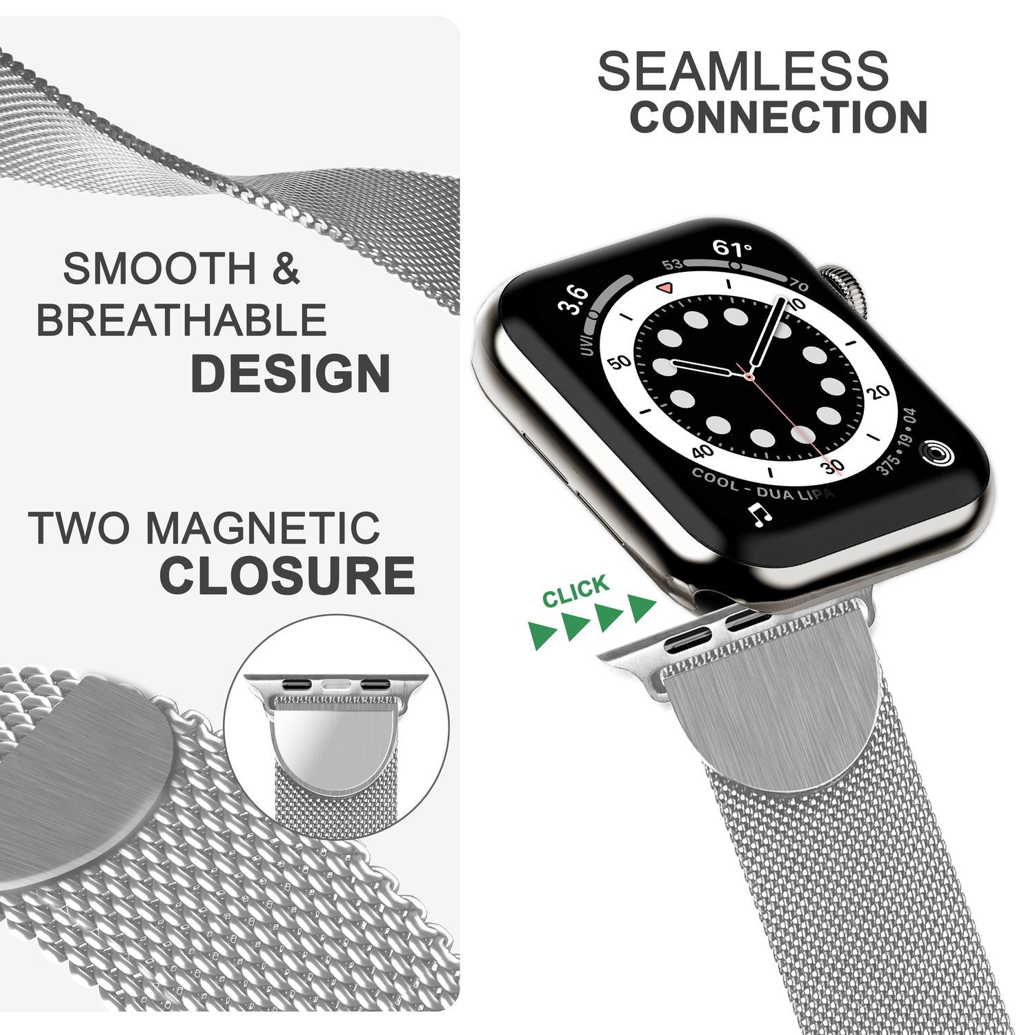 NALIA Milanaise Metall Smartwatch Armband, Silber Apple, 42mm/44mm/45mm/49mm, Ersatzarmband, Apple Watch