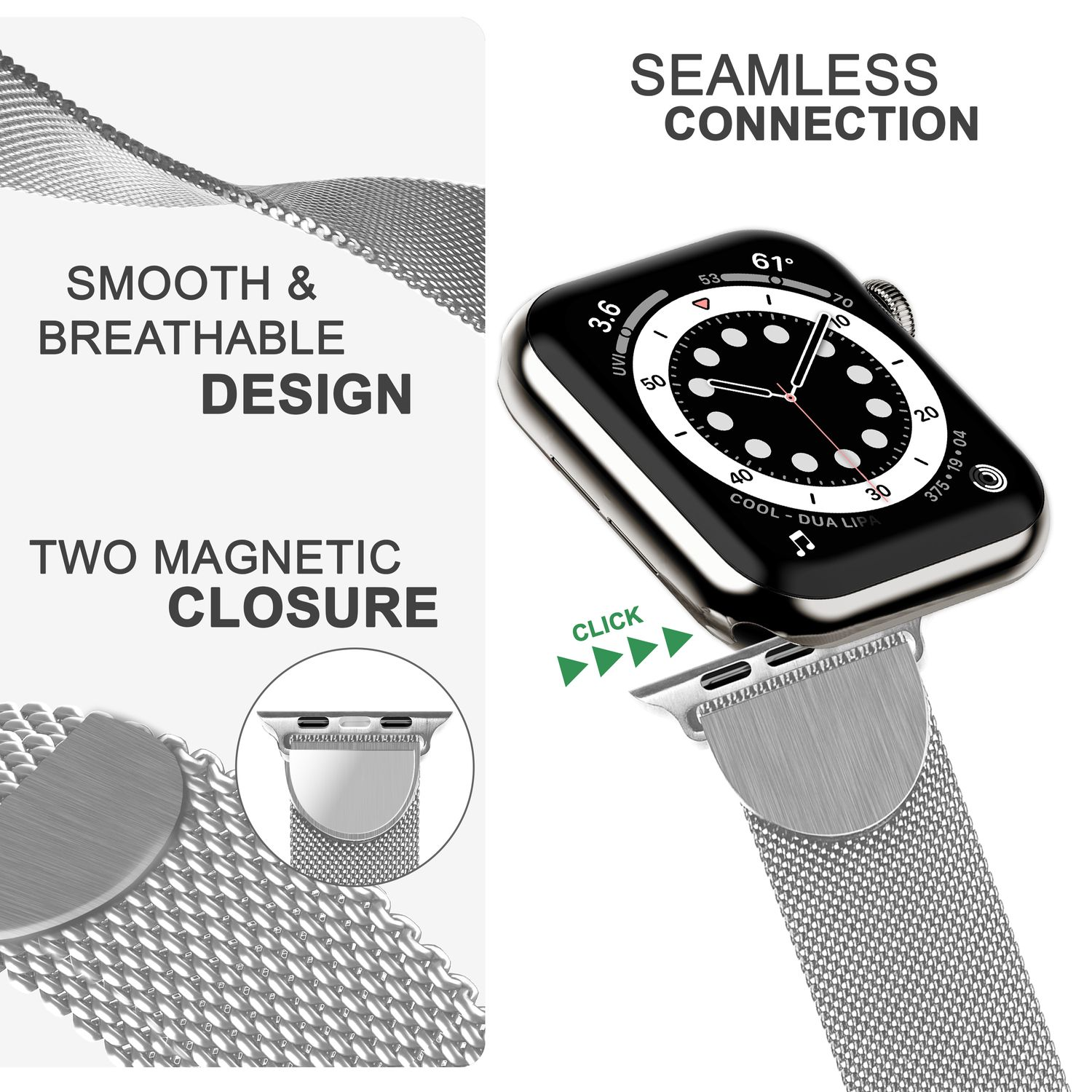 Silberne Apple Watch mit Mesh-Armband. Das Zifferblatt zeigt Zeit und weitere Informationen. Nahtlose Verbindung.