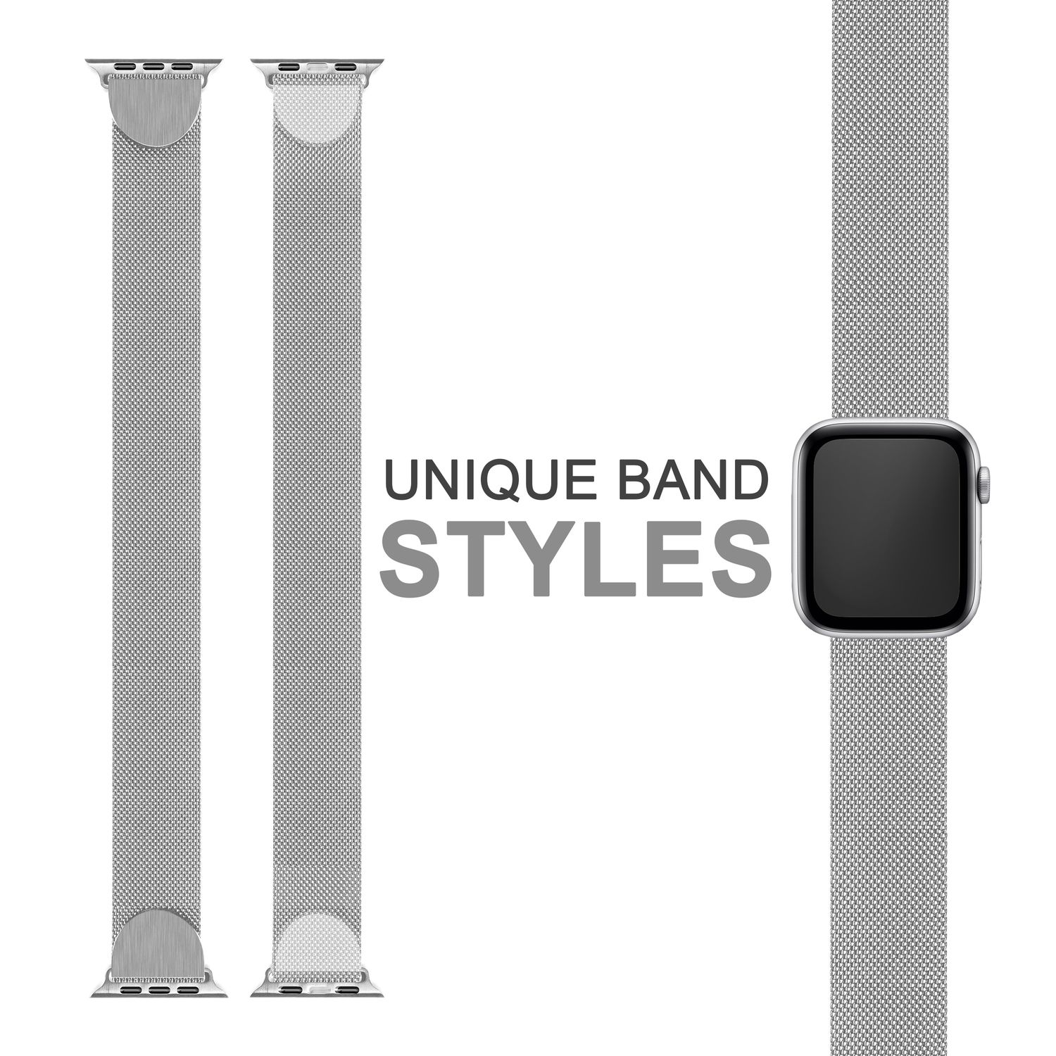 Zwei silberne Uhrenarmbänder und ein Zifferblatt mit den Worten "UNIQUE BAND STYLES" werden angezeigt.