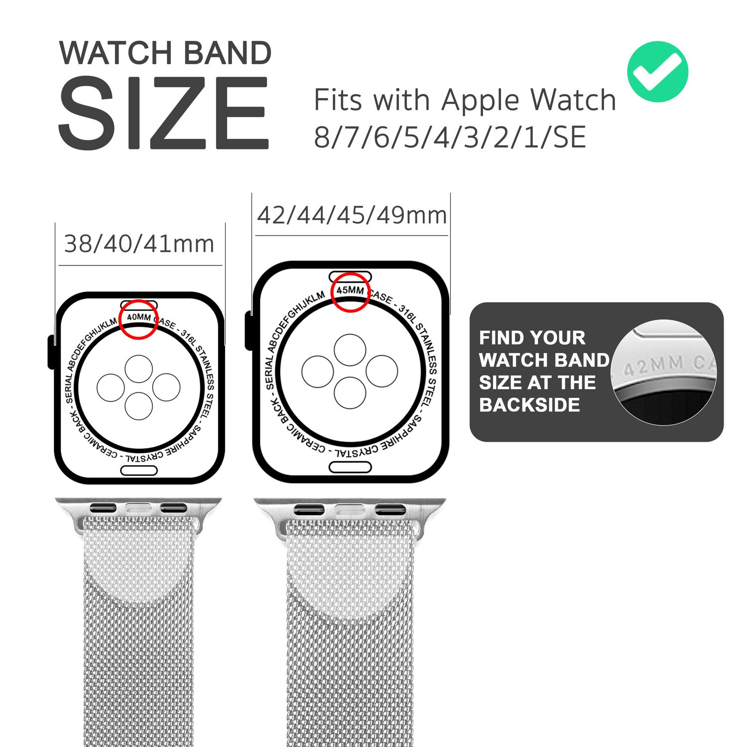 Armbandgrößenübersicht: Apple Watch Größen und ein silbernes Bandmuster.
