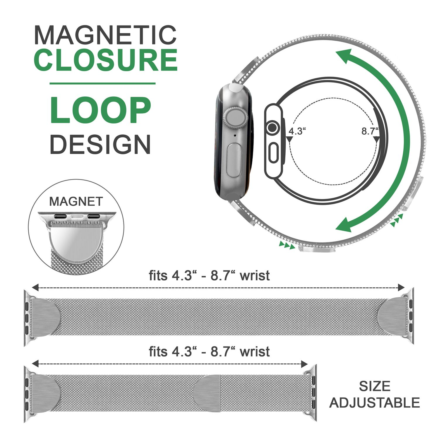 Ein silbernes Armband mit Magnetverschluss, das Größenanpassungen und Messungen zeigt.