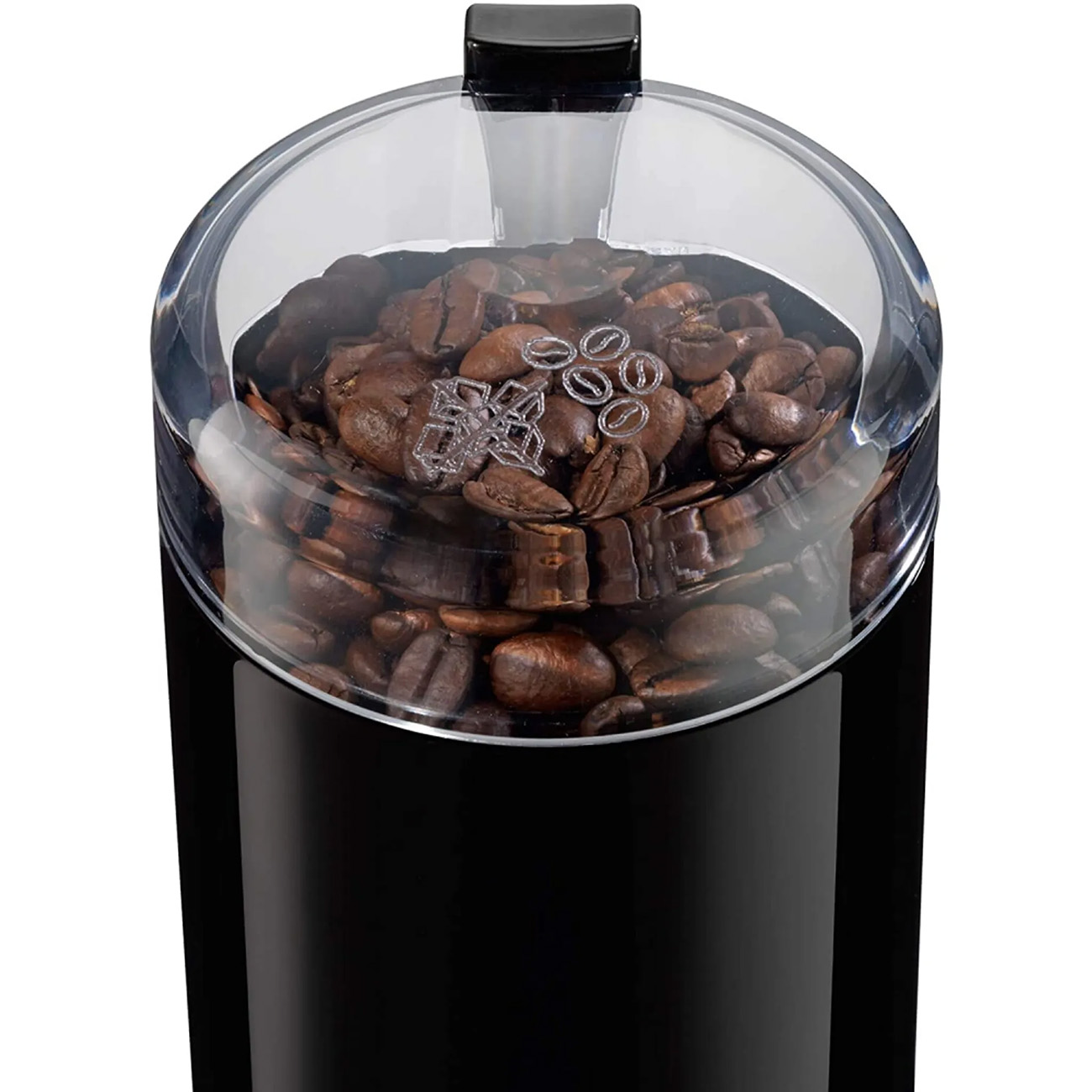 A black coffee grinder, filled with coffee beans, with a clear lid.