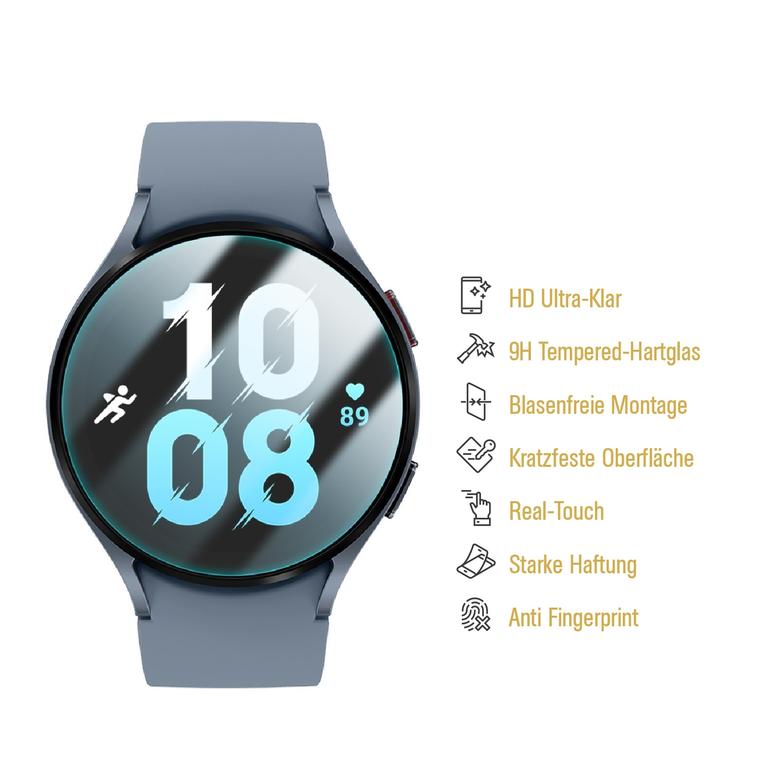 Eine blaue Smartwatch mit einer Anzeige, die die Uhrzeit anzeigt. Text hebt Funktionen wie Kratzfestigkeit hervor.