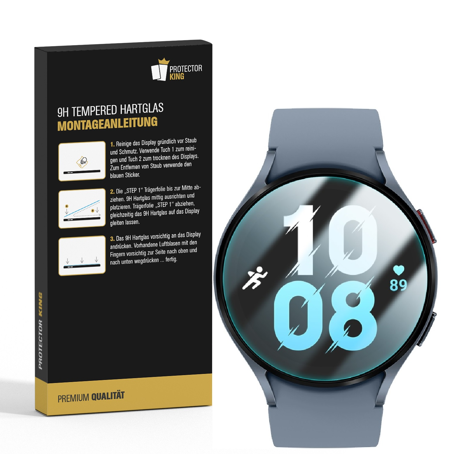 Eine Smartwatch und eine Box mit Displayschutz. Die Uhr ist blau, die Box ist schwarz.
