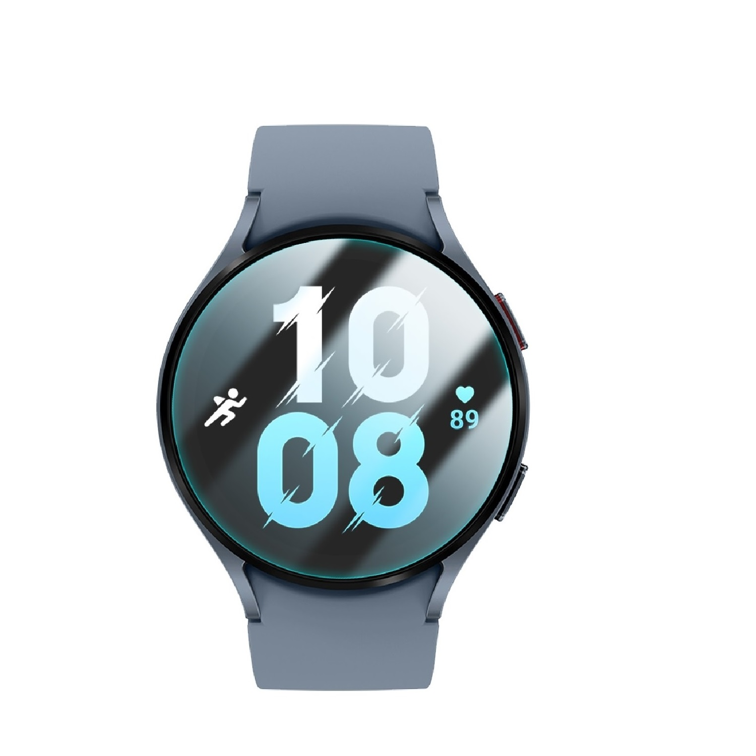 Eine blaue Smartwatch, die die Uhrzeit und Herzfrequenz anzeigt. Es ist auf weißem Hintergrund.