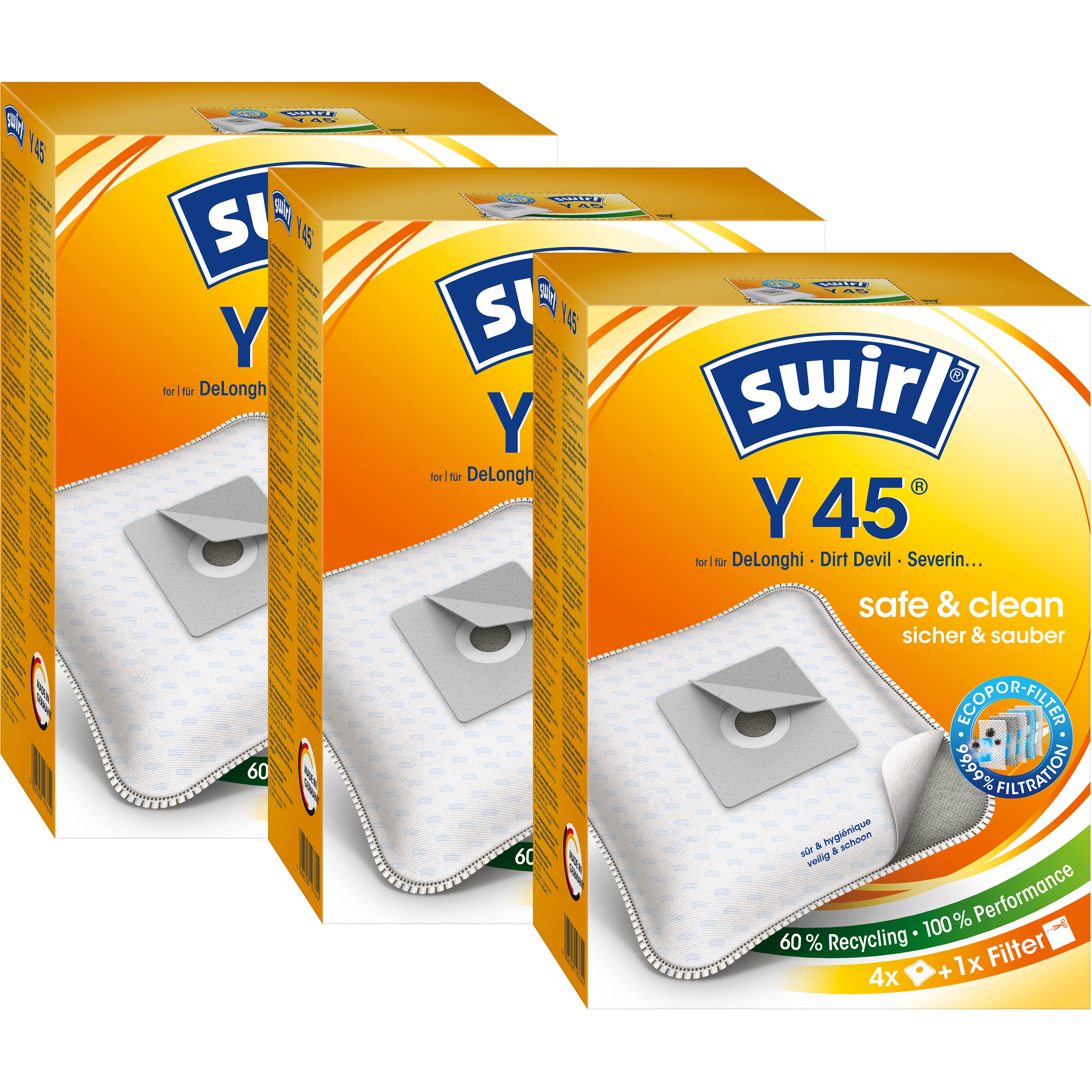 Drei Kartons mit Swirl Y45 Staubsaugerbeuteln. Die Kartons sind orange und weiß, mit 'safe & clean' beschriftet.