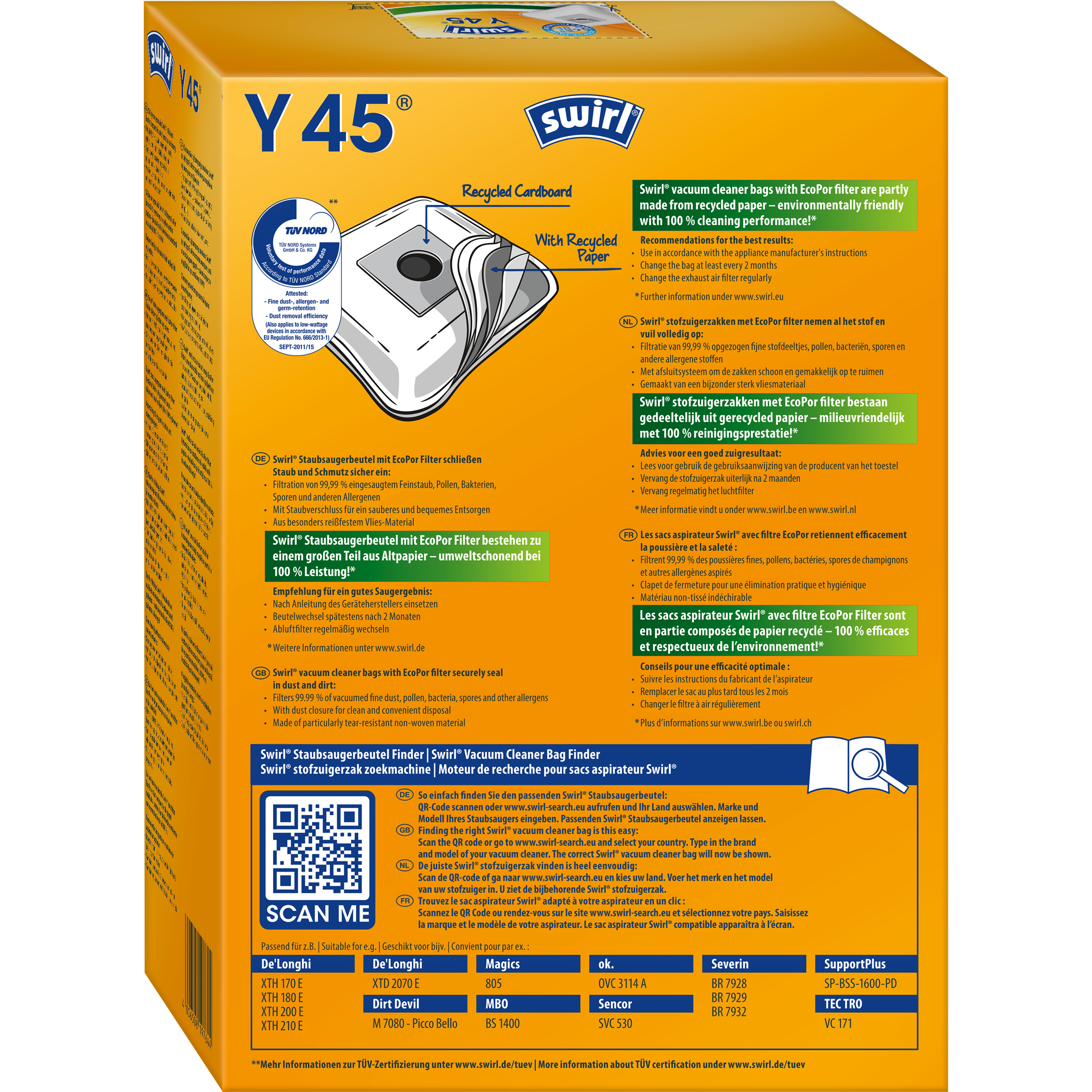 Staubsaugerbeutelverpackung mit detailliertem Text in mehreren Sprachen, einschließlich eines QR-Codes.