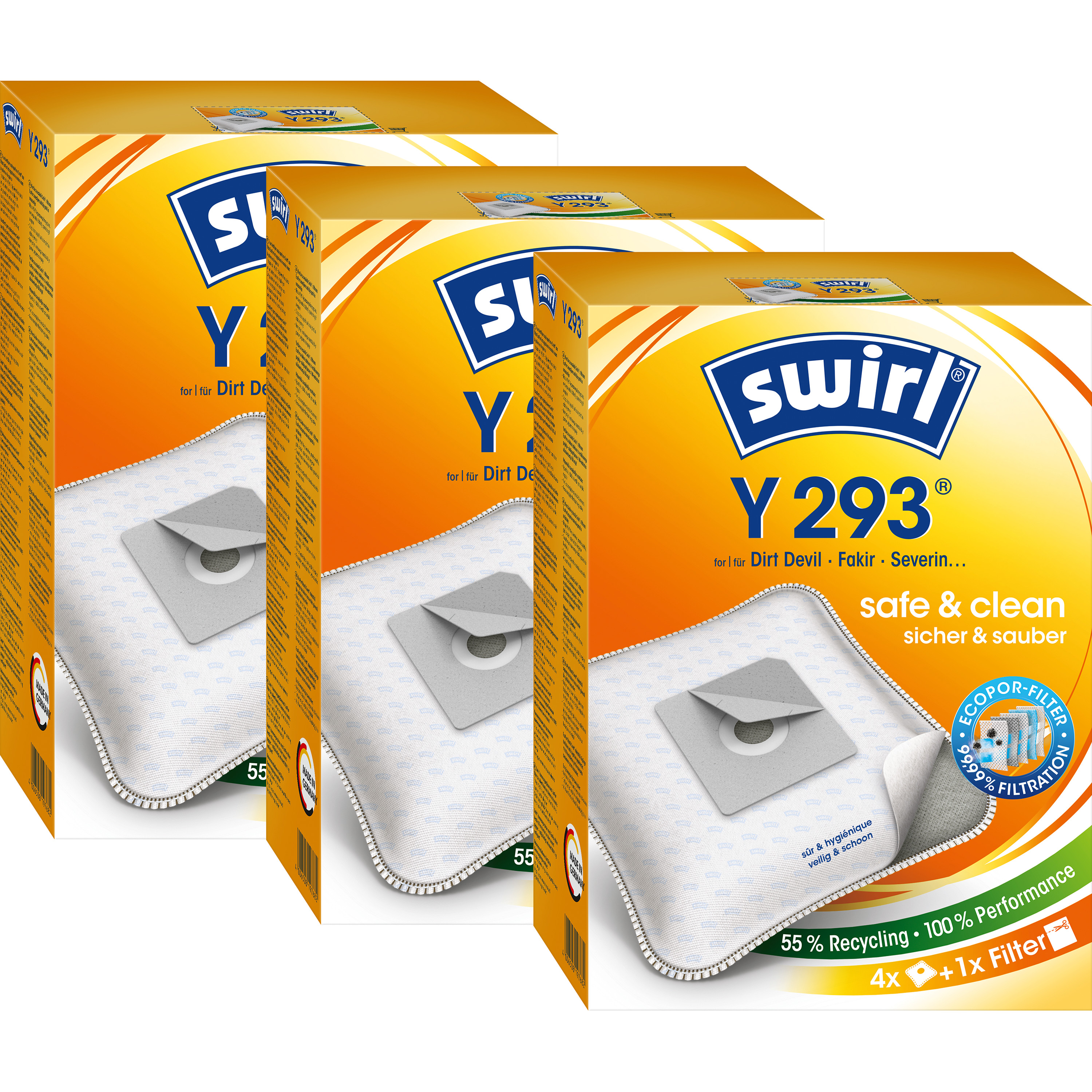 Packung Staubsaugerbeutel. Drei Boxen mit Swirl-Markennamen und Details sind sichtbar.