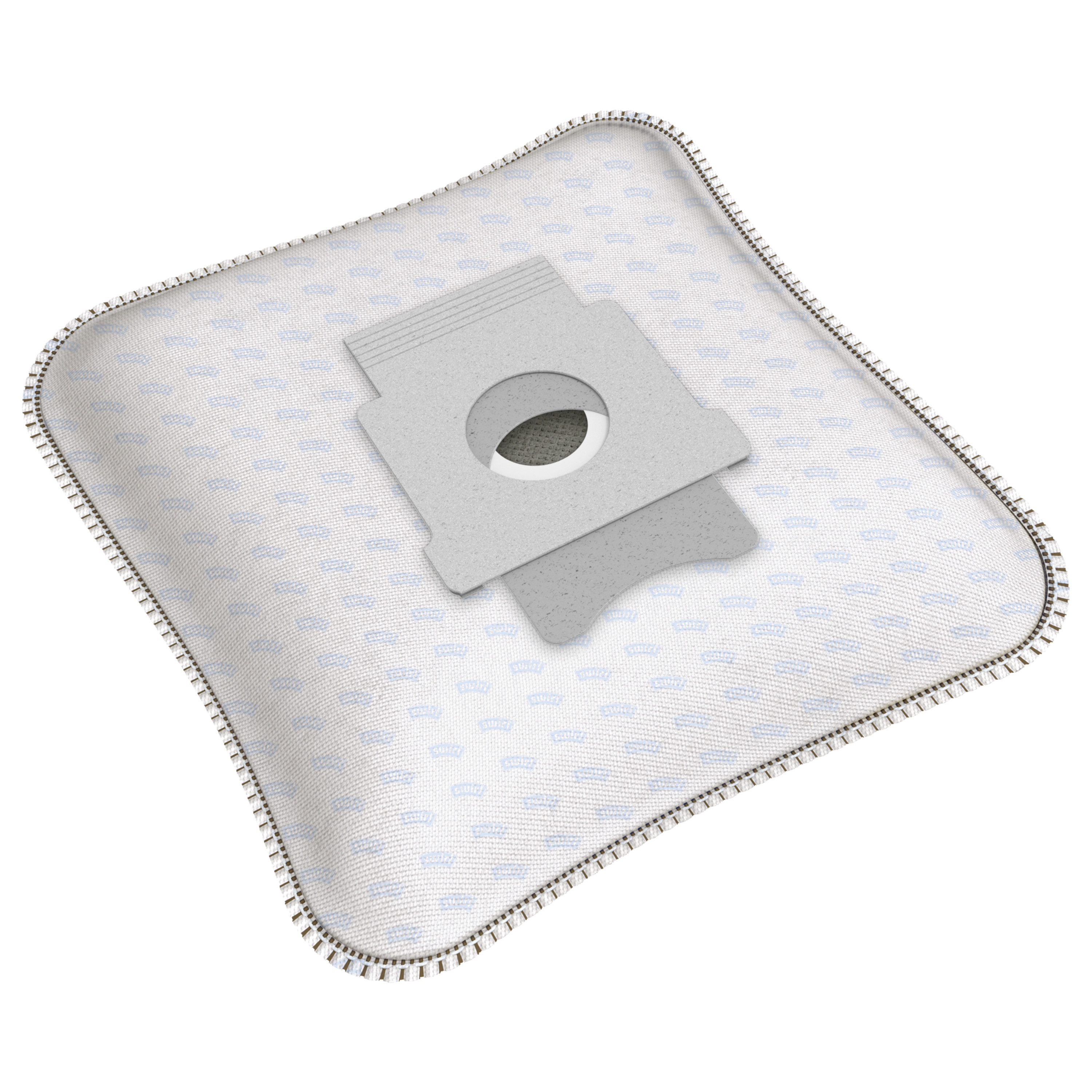 Ein weißer quadratischer Staubsaugerbeutel mit grauem Filter und weißem Hintergrund.