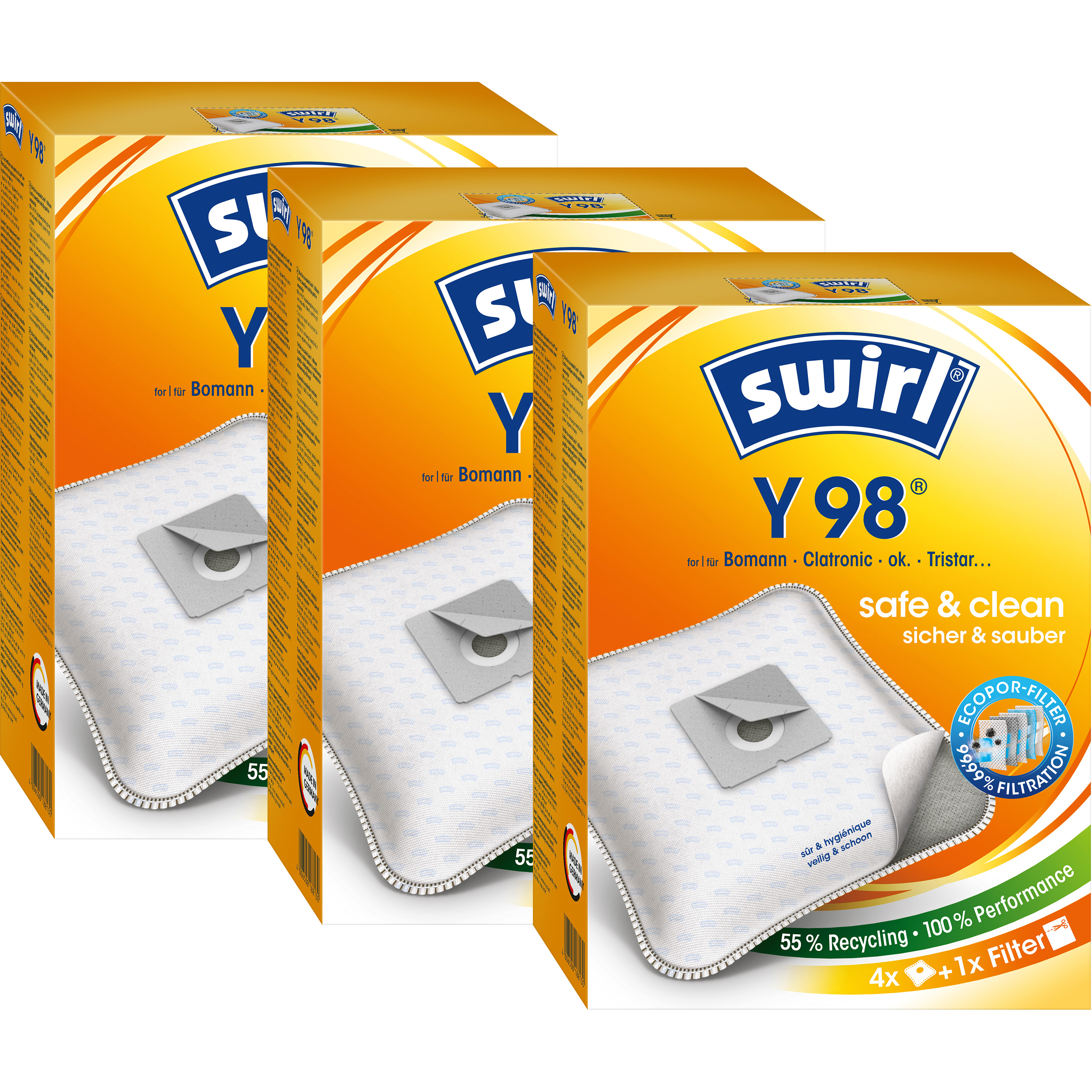 Drei Kartons mit Swirl Y98 Staubsaugerbeuteln, mit den Worten Safe & Clean auf der Vorderseite.
