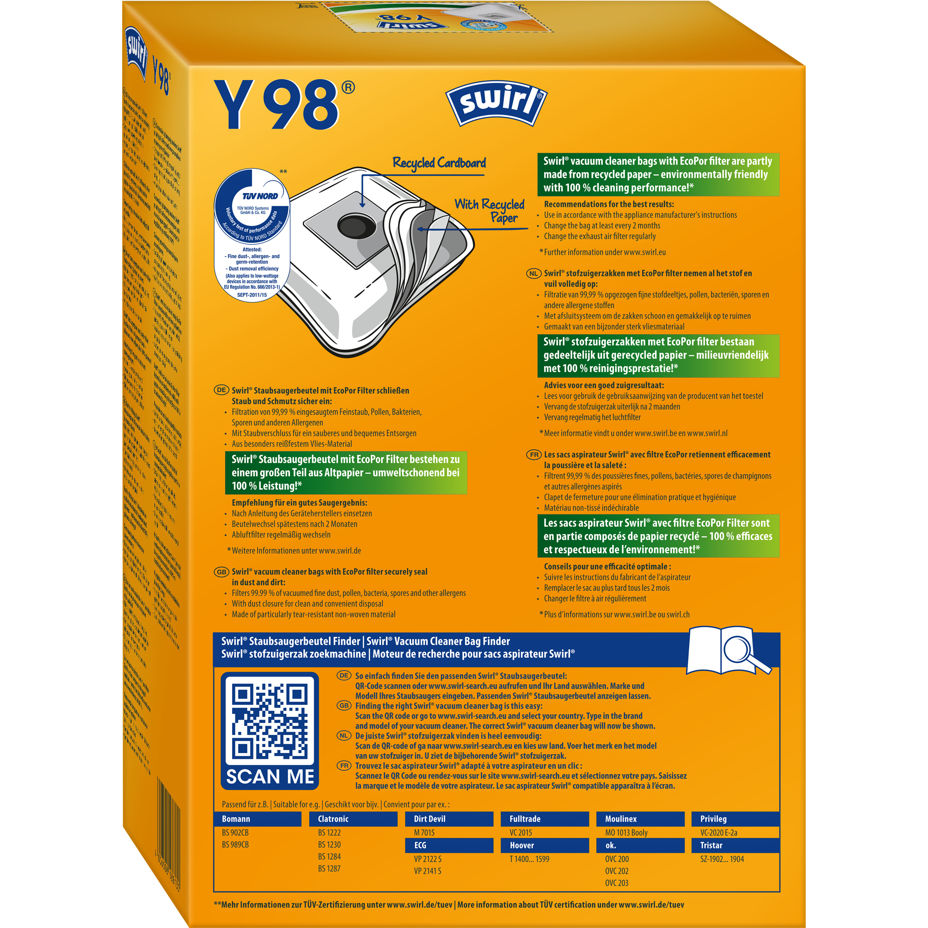 Gelbe Staubsaugerbeutelbox mit Text und QR-Code.