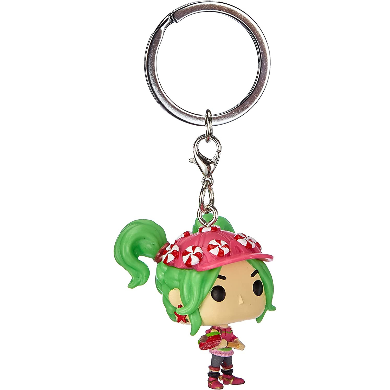 Funko Pop Schlüsselanhänger einer Figur mit grünen Haaren, pinkem Hut, hält Süßigkeiten.