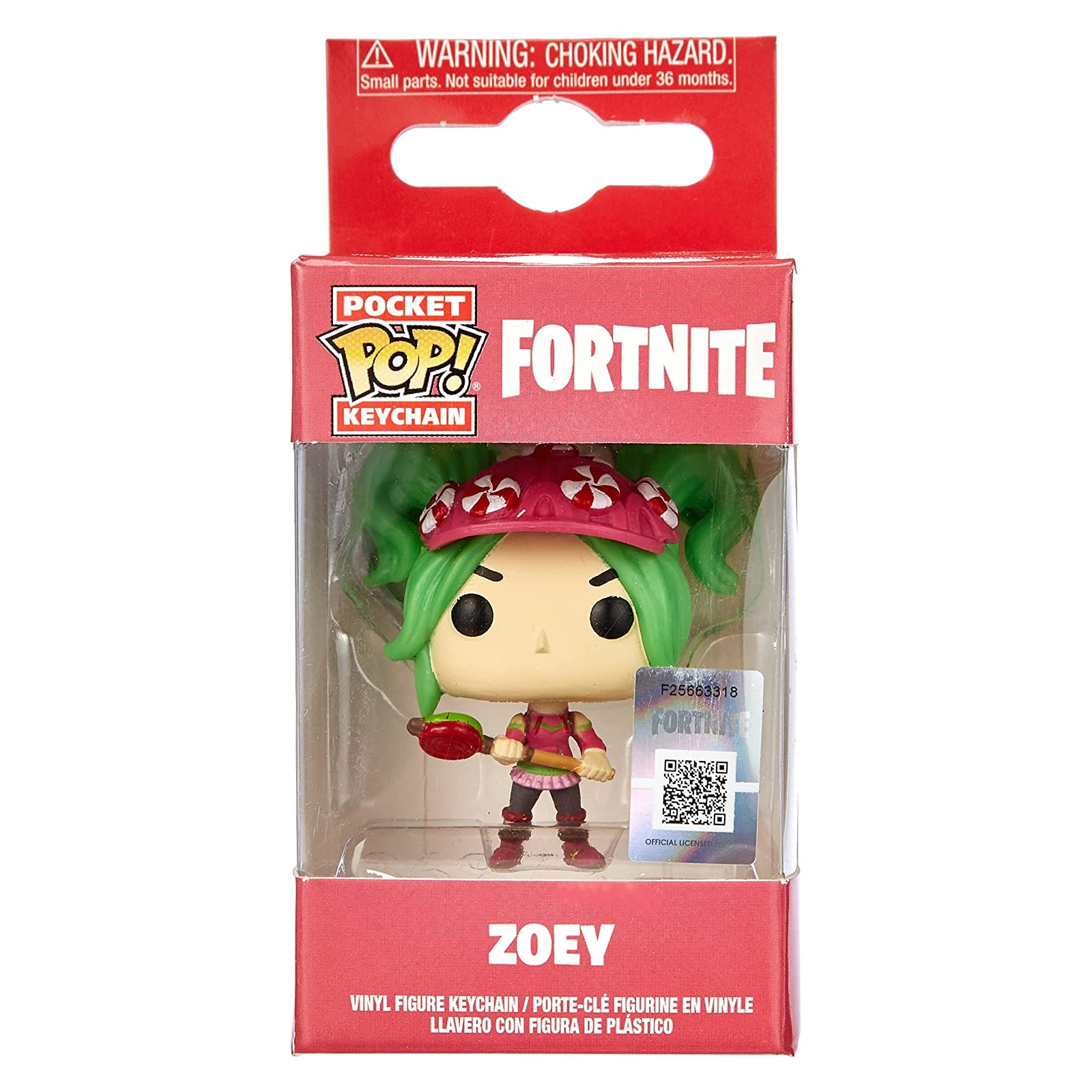 Fortnite Zoey Schlüsselanhängerfigur in Verpackung. Warnung: Erstickungsgefahr.