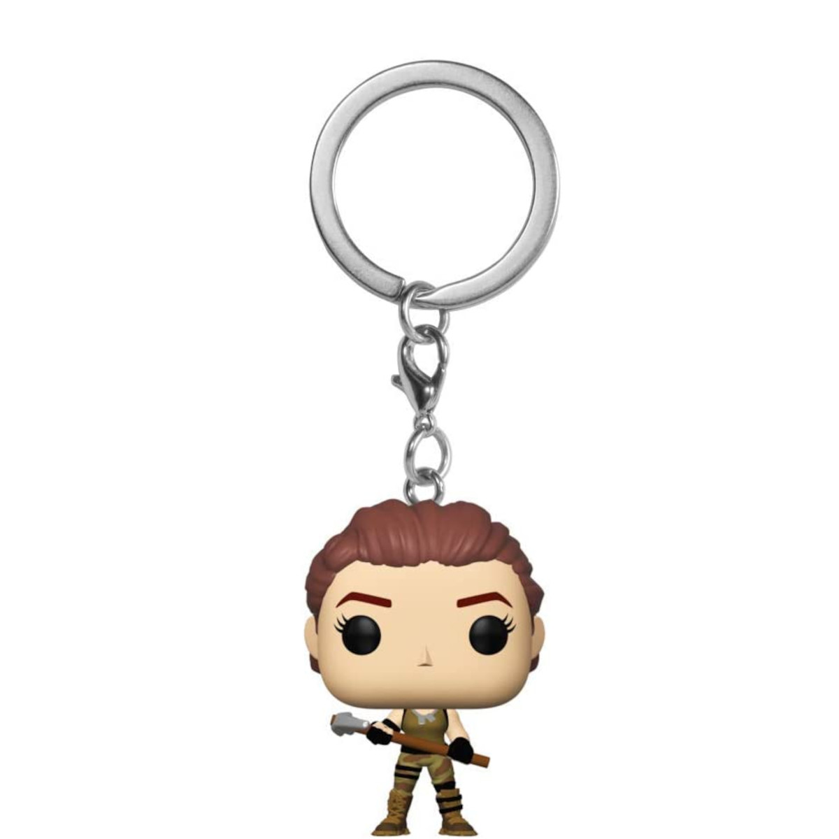 Un portachiavi Funko Pop di un personaggio femminile che tiene un'arma, appeso a un anello di metallo.
