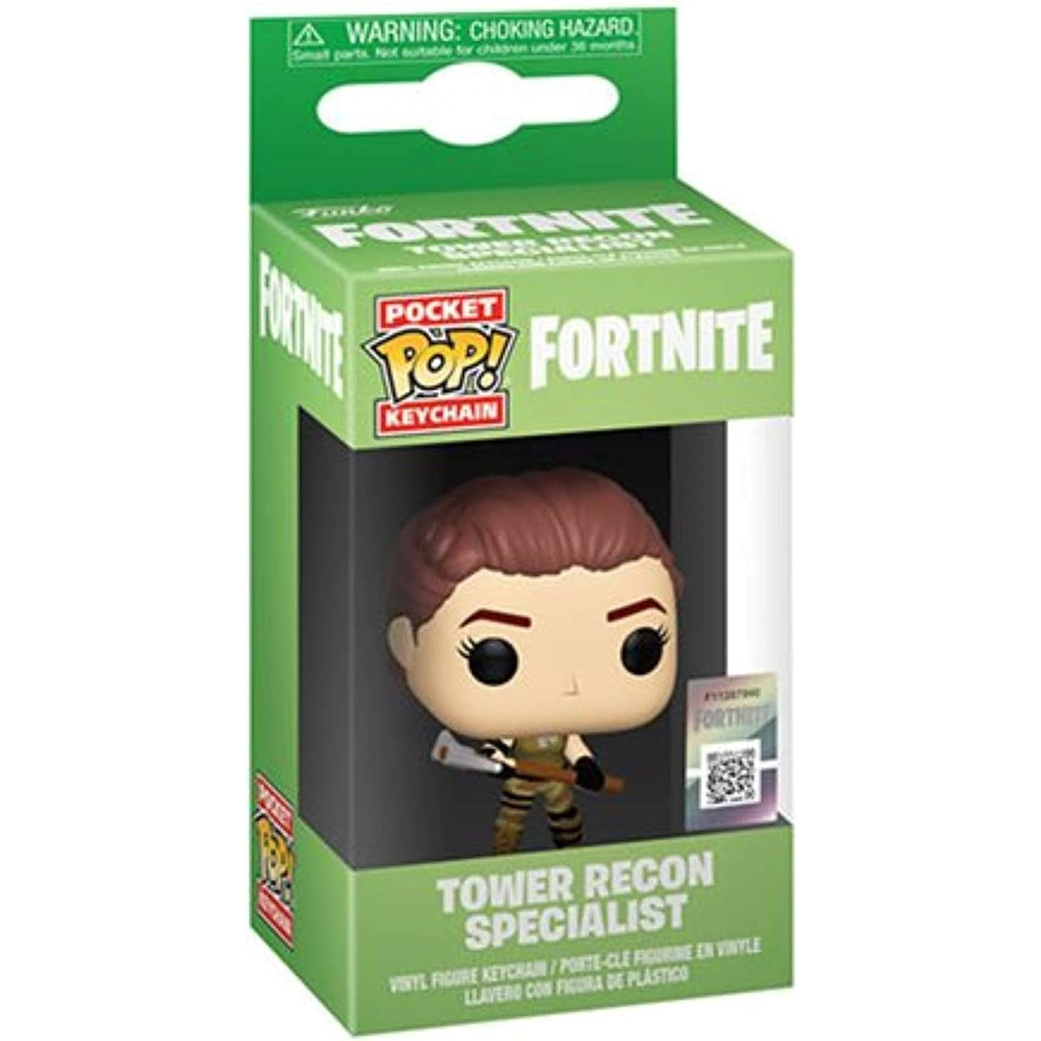 Una statuetta di Fortnite Tower Recon Specialist in una scatola. La scatola è verde con il marchio Fortnite.
