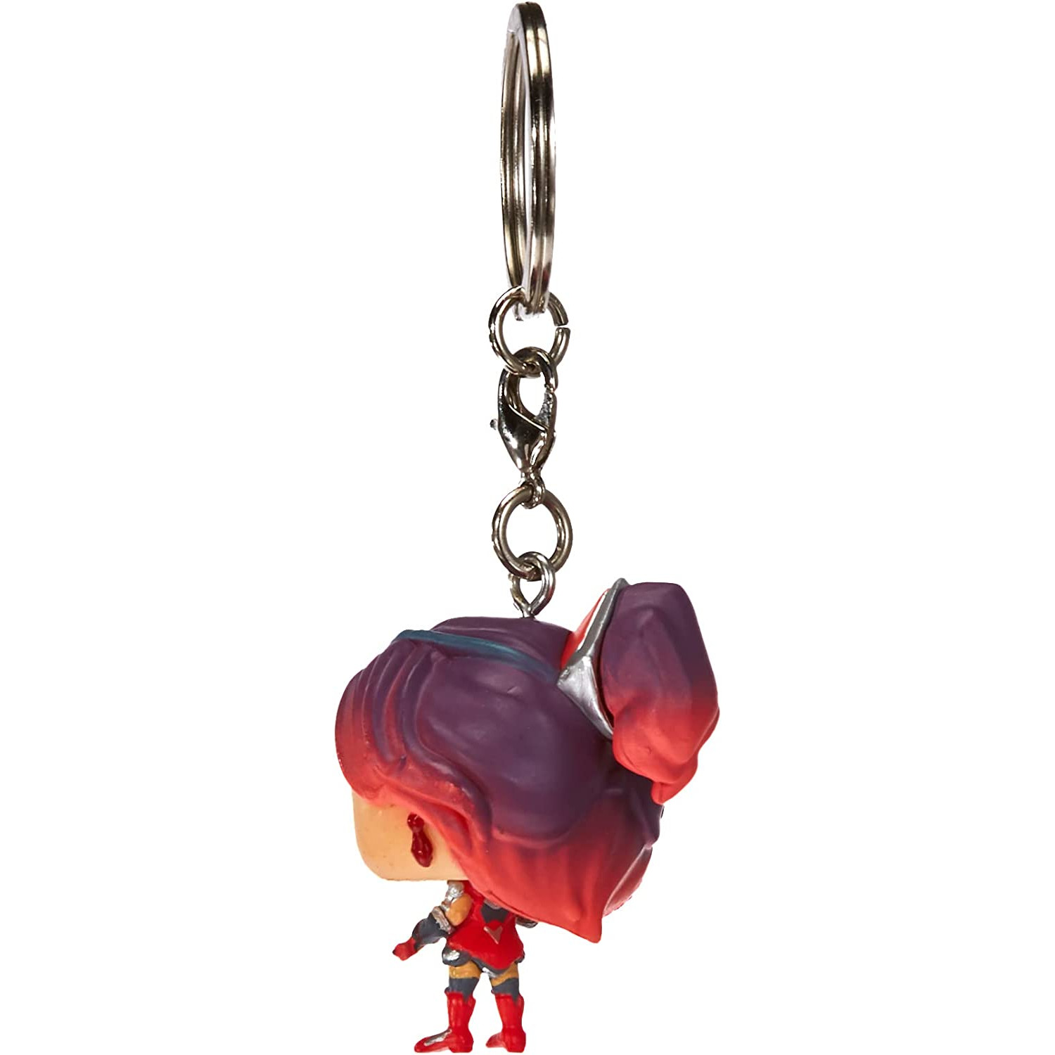 Ein Funko Pop-Schlüsselanhänger einer weiblichen Figur mit roten Haaren und roter Kleidung, mit einem silbernen Schlüsselanhänger.