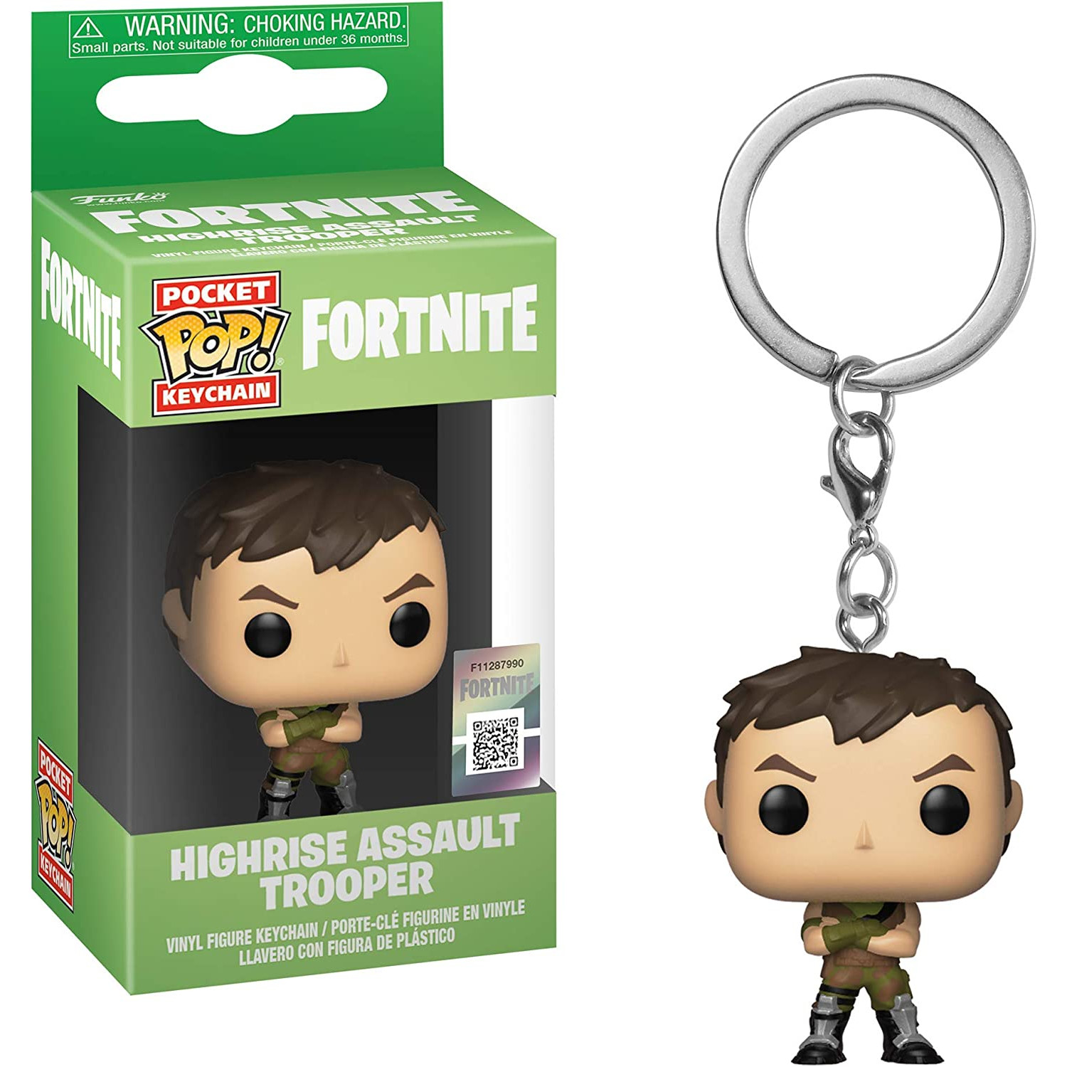 Fortnite Highrise Assault Trooper Schlüsselanhänger. Zeigt die Figur in einer Box und in Nahaufnahme. Grüne Akzente.