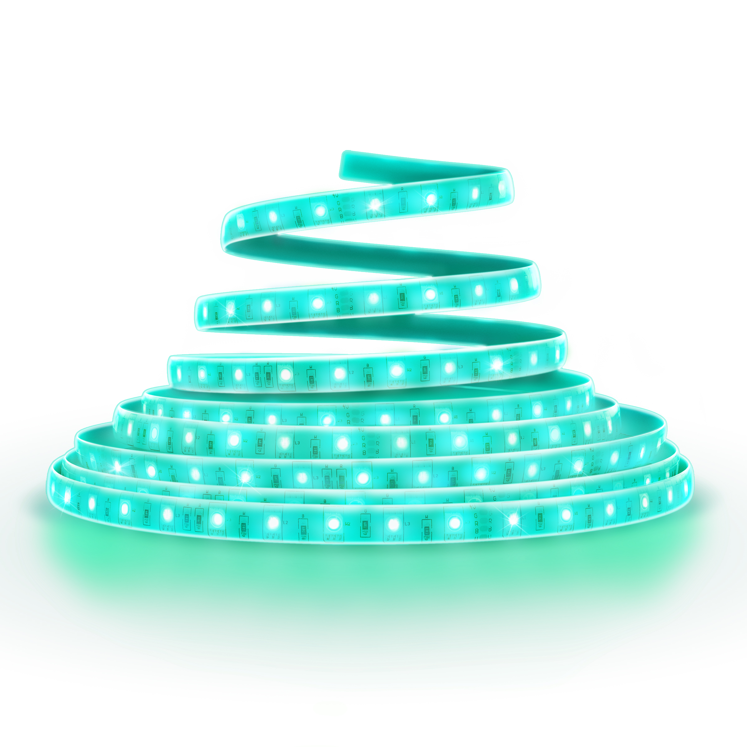 Een turquoise LED-lichtstrip opgerold op een wit oppervlak, die een heldere gloed uitzendt.