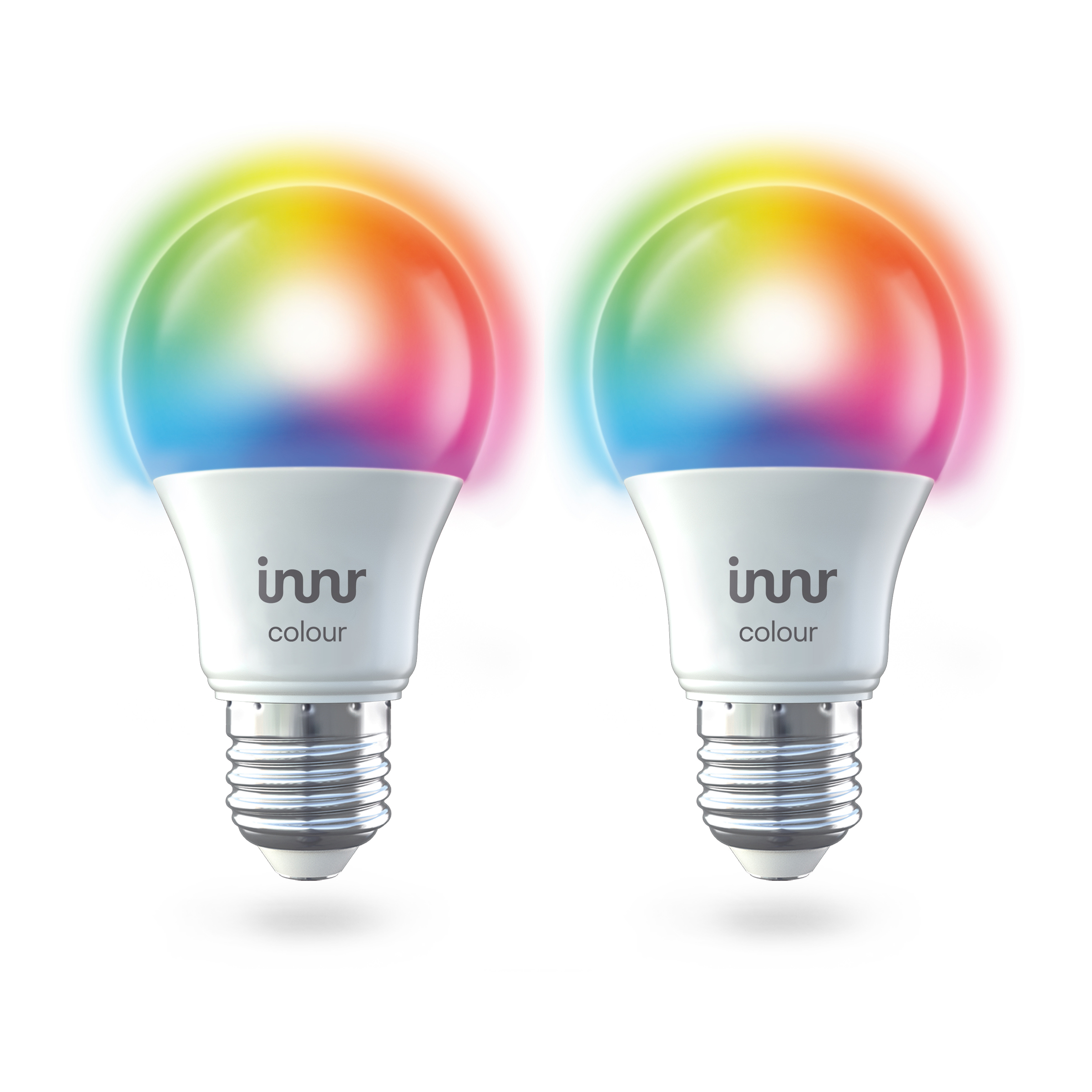 Zwei weiße Glühbirnen mit regenbogenfarbigem Licht, das herausstrahlt.