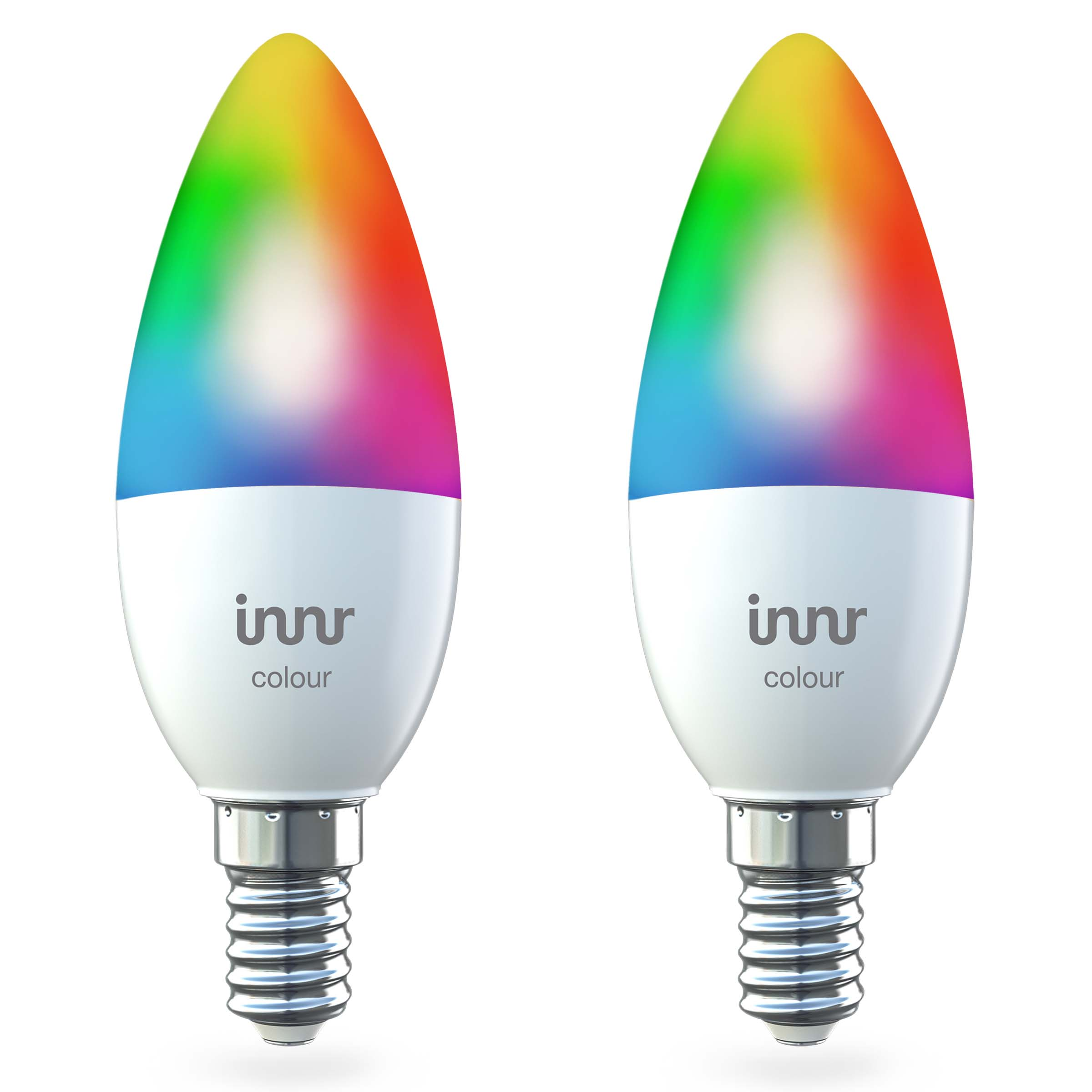 Zwei intelligente LED-Glühbirnen mit farbenfrohem Licht, weißem Sockel und silbernem Schraubsockel.