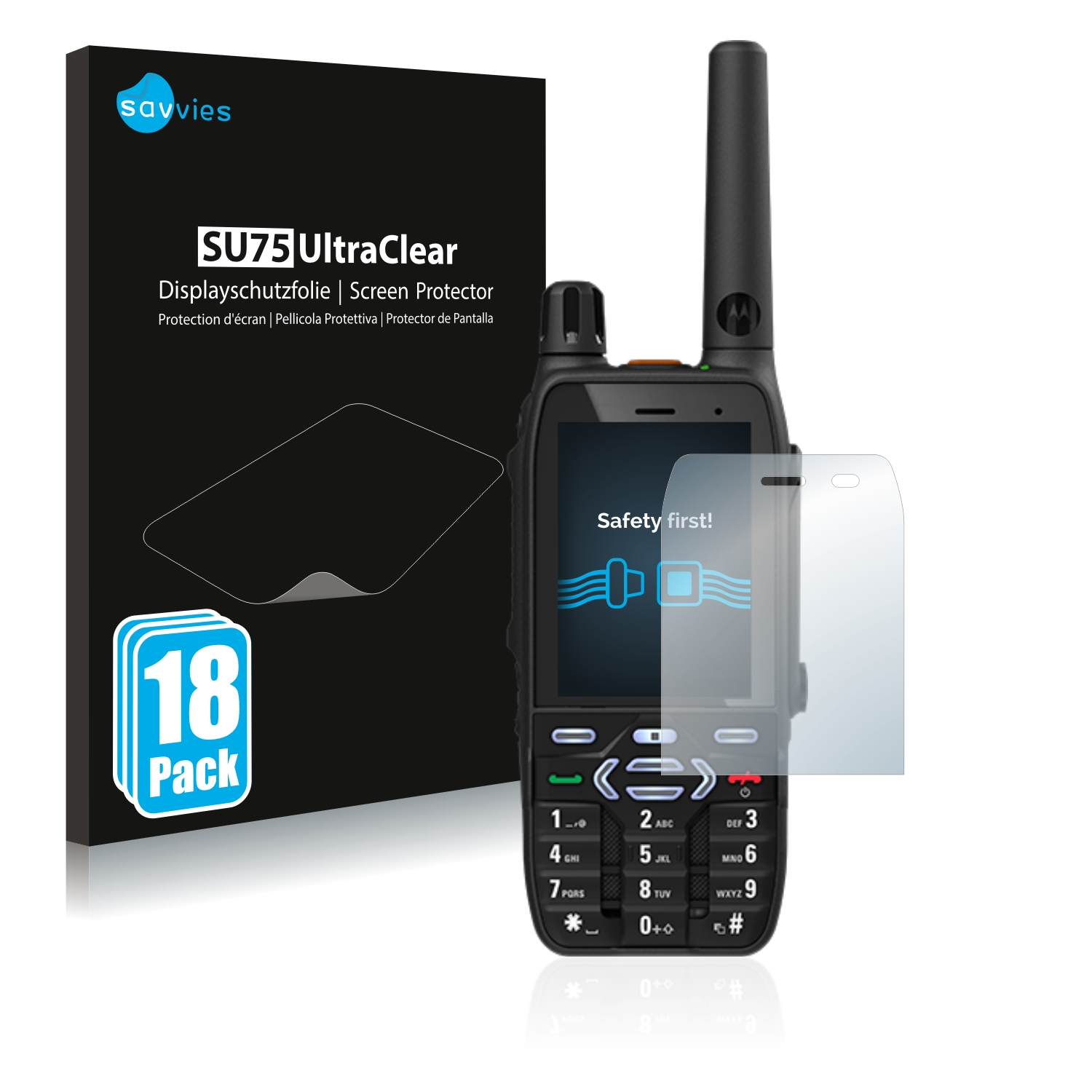 Ein schwarzes Walkie-Talkie mit angebrachtem Displayschutz und eine Box werden angezeigt. Die Box hat eine Sicherheitsbotschaft.