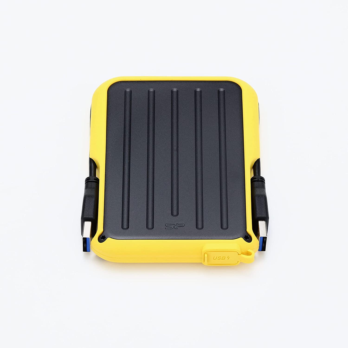 Disco duro externo amarillo y negro con puertos USB, sobre fondo blanco.