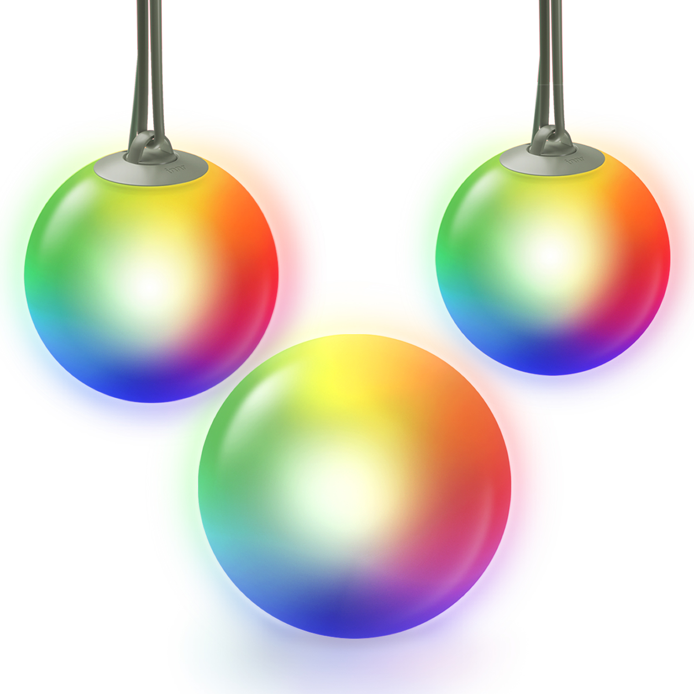 Drei regenbogenfarbene LED-Leuchten, jede eine Kugel, mit weißem Hintergrund.