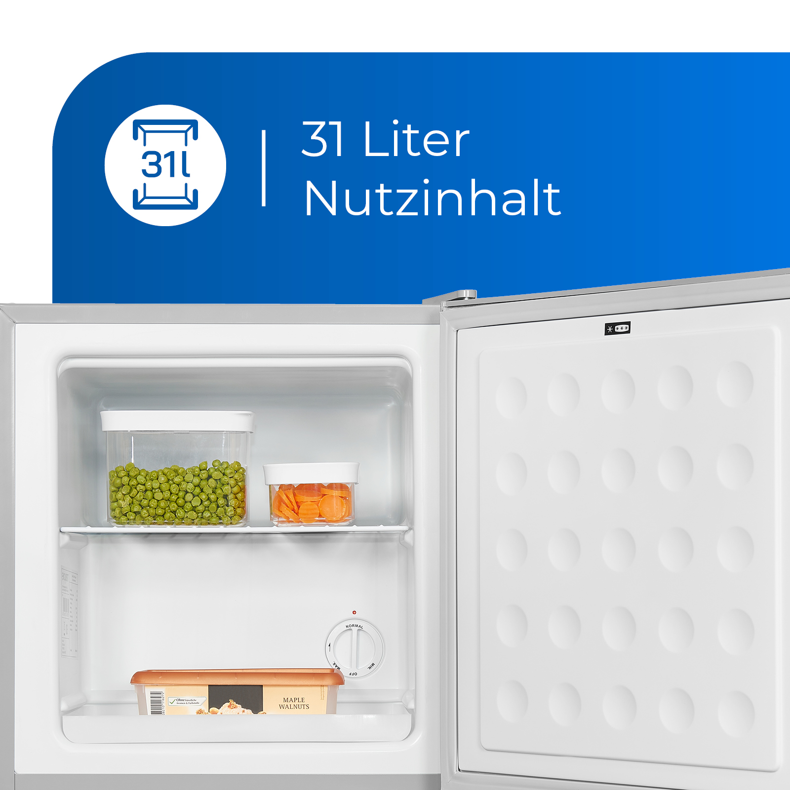Offener Kühlschrank mit Erbsen, Karotten und Ahorn-Walnuss-Eis. 31 Liter Kapazität.