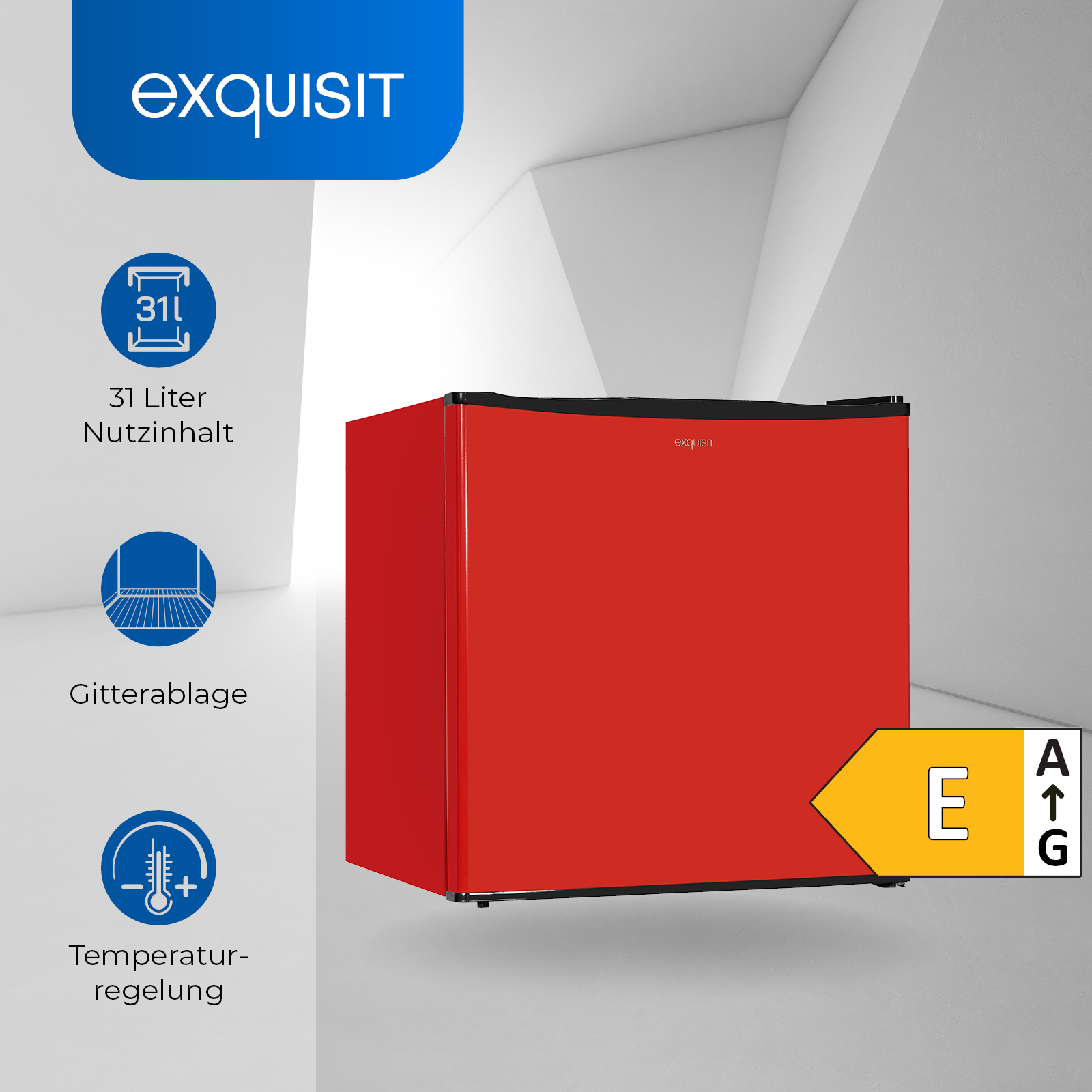 Roter Mini-Kühlschrank mit Text, Symbolen und einem Energieeffizienzlabel. Weißer Hintergrund.