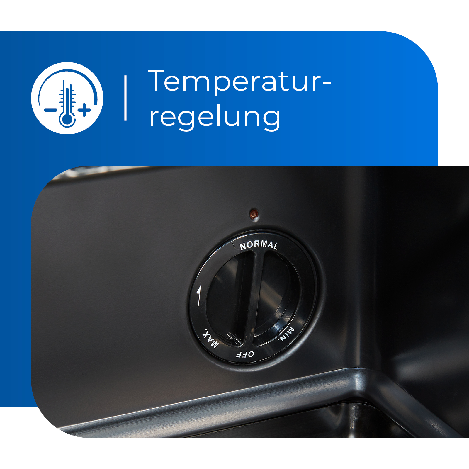 Schwarzes Bedienfeld mit Temperaturregler. Der Regler ist auf 'Normal' eingestellt.