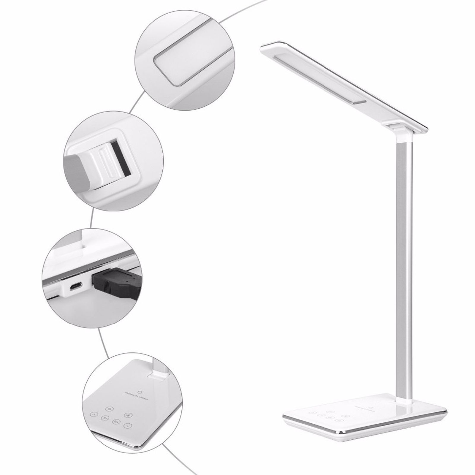 LOBWERK Tischlampe Qi Schreibtisch Weiß Lampe Weiß kabellose Wireless Ladefunktion Charger Universal, dimmbar Ladestation