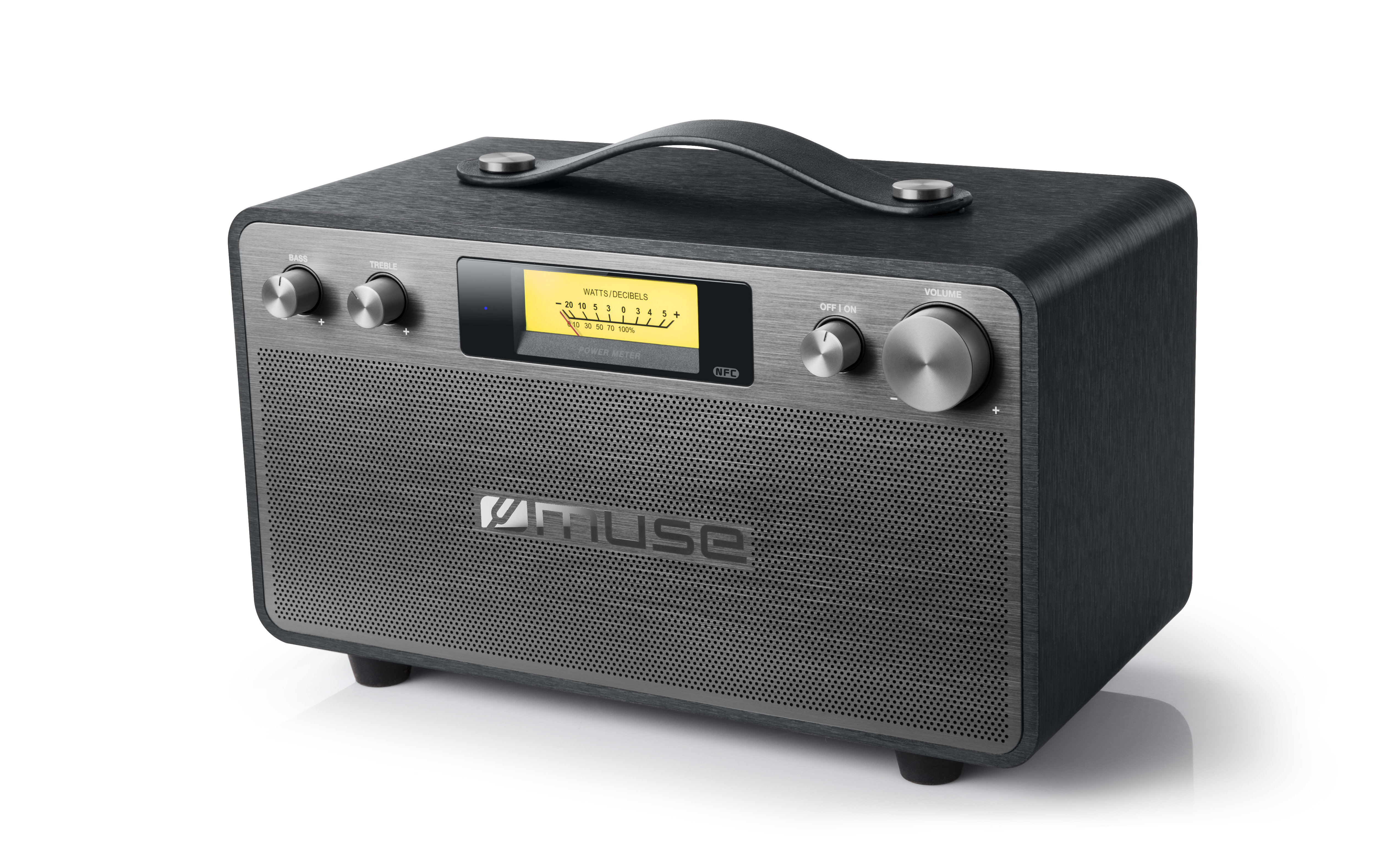 Dispositivo audio nero e grigio. Manopola del volume argentata. Logo Muse sull'altoparlante. Manopole dei bassi, degli acuti.