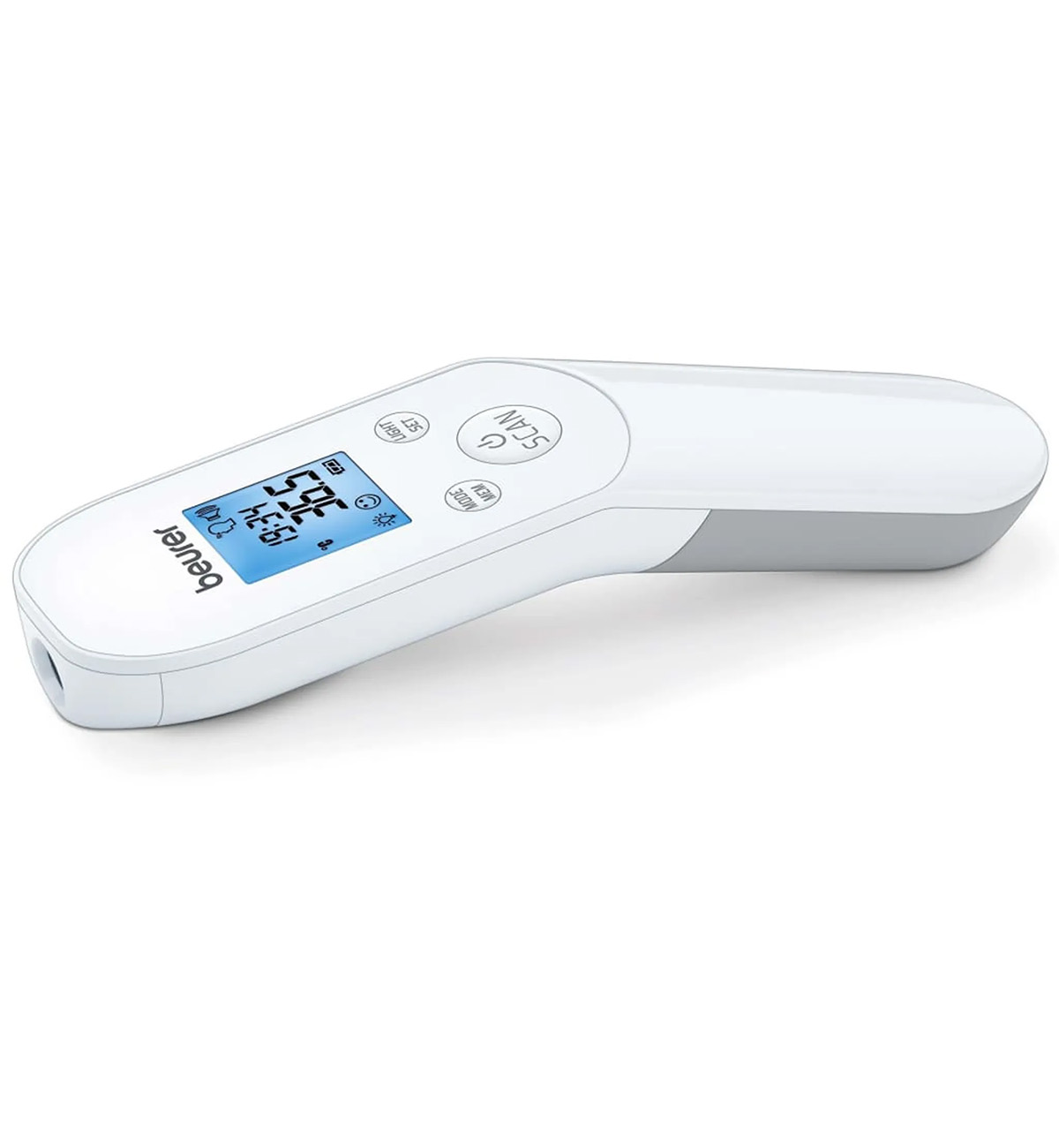 White digital thermometer with display showing temperature. It has buttons and a grey handle.