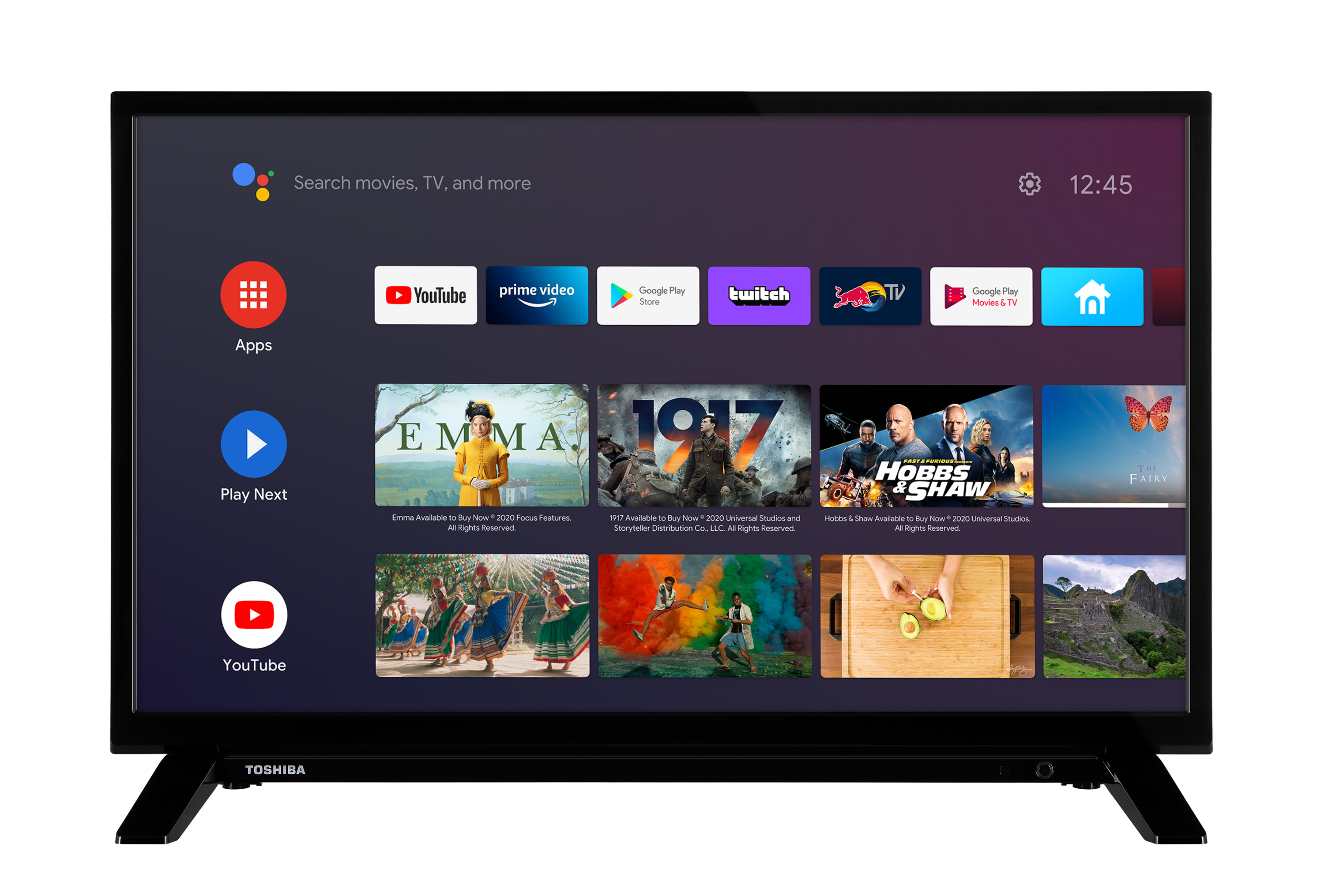 Toshiba TV zeigt Streaming-Apps und Filme, mit weißem Hintergrund.