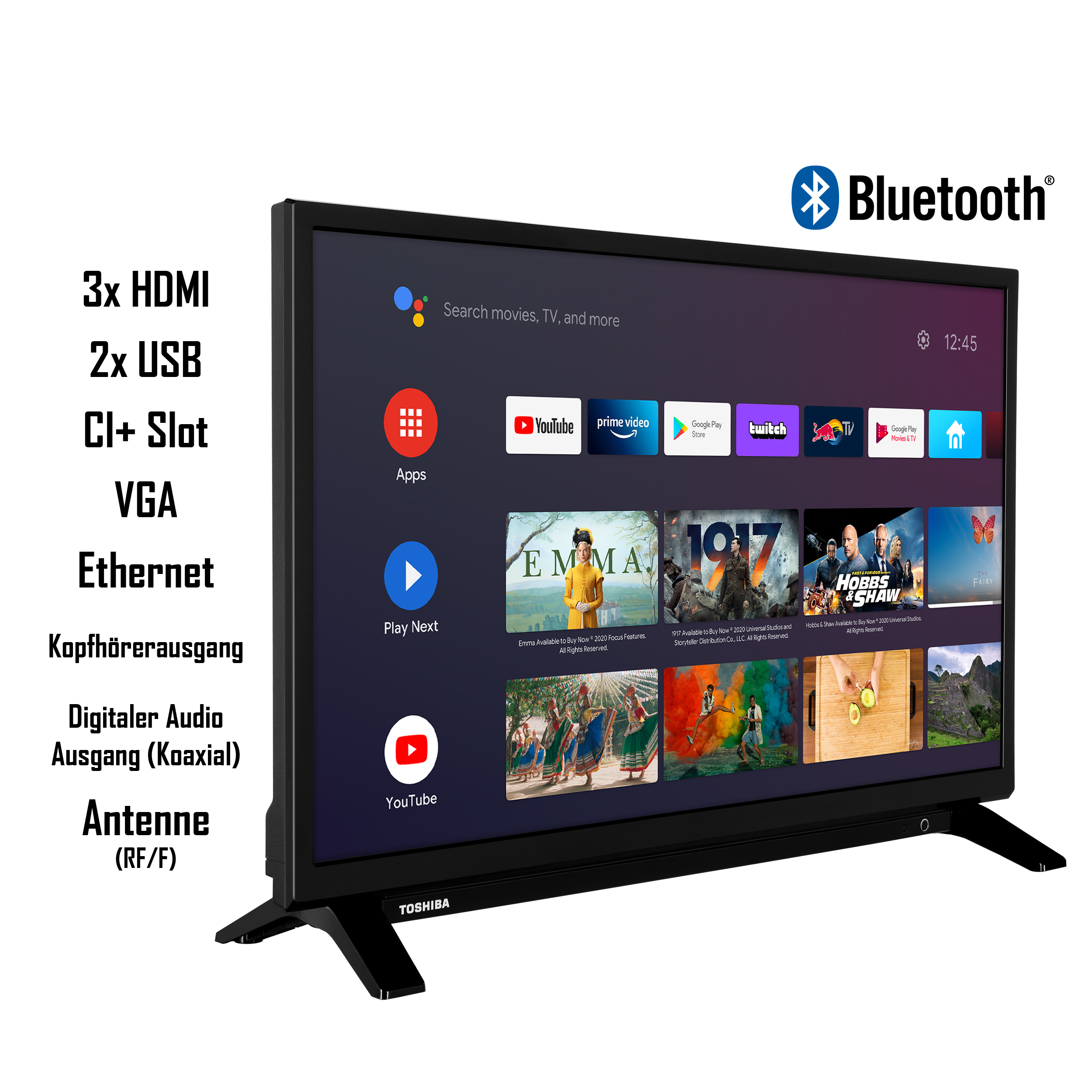 Ein schwarzer Toshiba-Fernseher zeigt ein Menü mit App-Symbolen an. Auf der linken Seite sind verschiedene Anschlüsse aufgeführt.