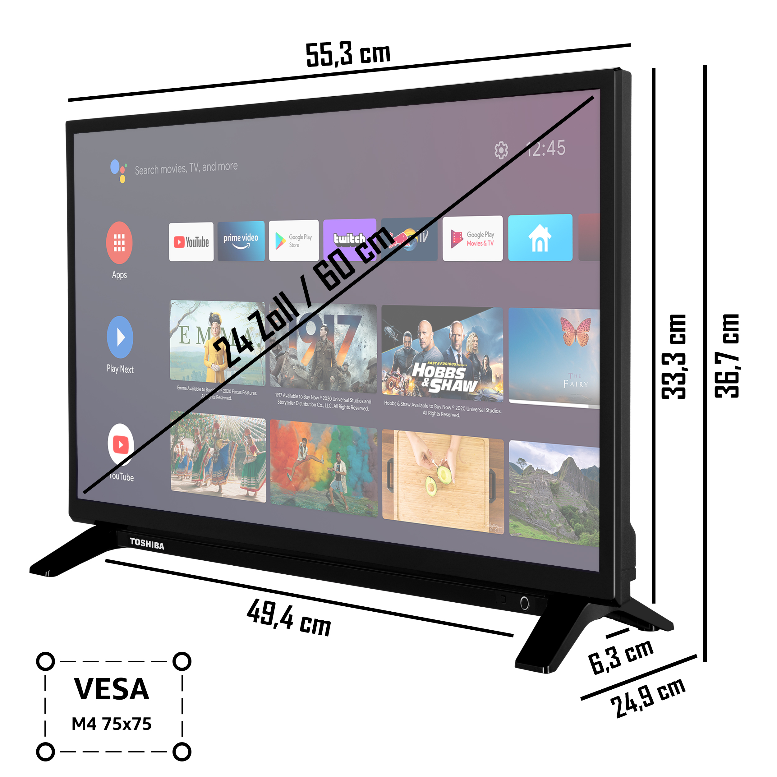Schwarzer Toshiba-Fernseher, Abmessungen angezeigt. Bildschirm zeigt Apps und TV-Inhalte. Schwarzer Ständer. Weißer Hintergrund.