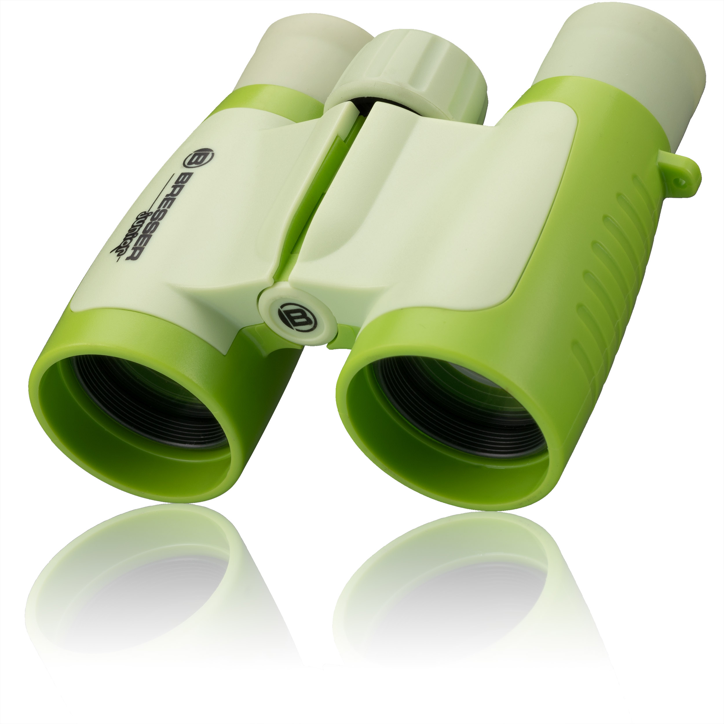 Grünes und weißes Fernglas auf weißer Oberfläche, Form wird reflektiert.