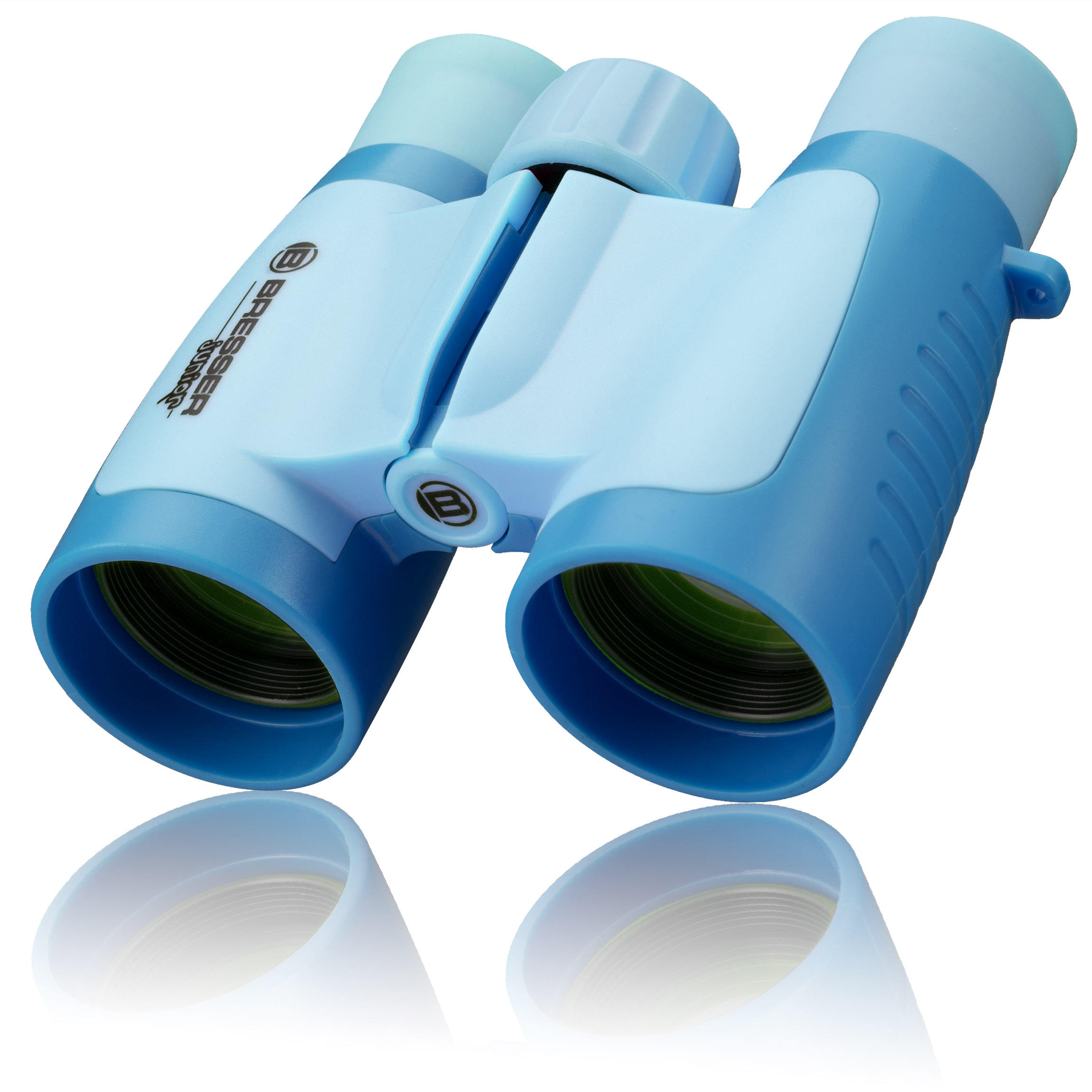 Blaues und hellblaues Fernglas. Die Linsen sind grün.
