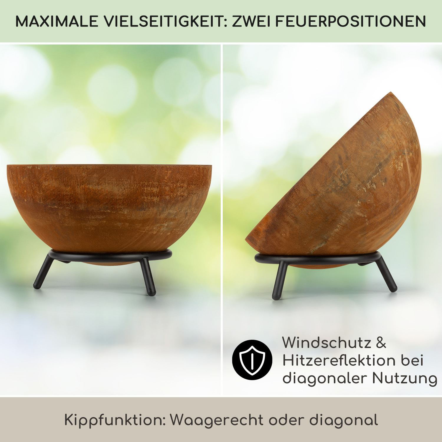 Zwei rostige Metall-Feuerstellen auf schwarzen Ständern. Eine ist aufrecht, die andere geneigt. Grüner Hintergrund.