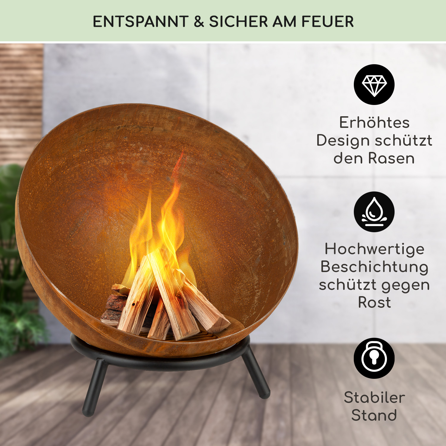 Feuerschale mit brennendem Holz. Text und Symbole zeigen Eigenschaften wie Rostschutz.
