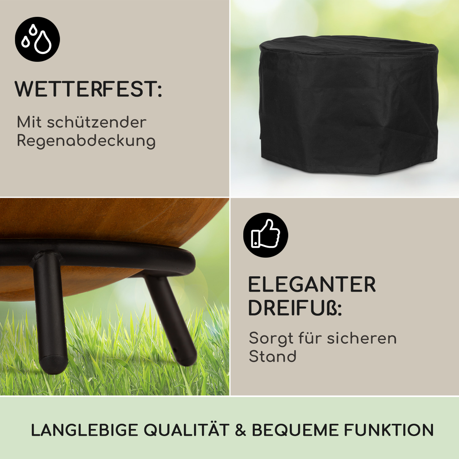 Eine Produktwerbung mit einer schwarzen Abdeckung über einem Außengrill und Text über das Produkt.