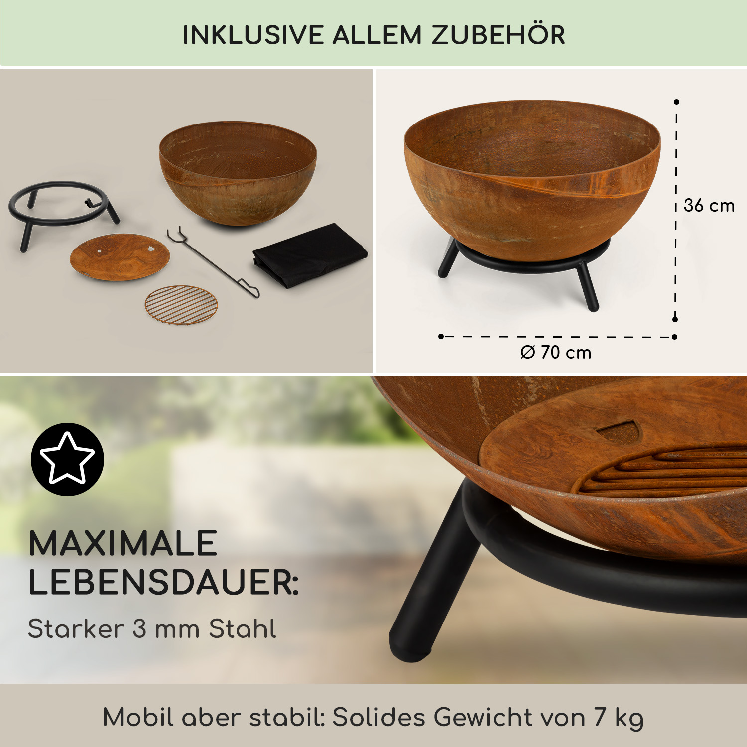 Metall-Feuerstelle-Set mit Schüssel, Ständer und Zubehör. Abmessungen sind sichtbar. Text auf Deutsch vorhanden.