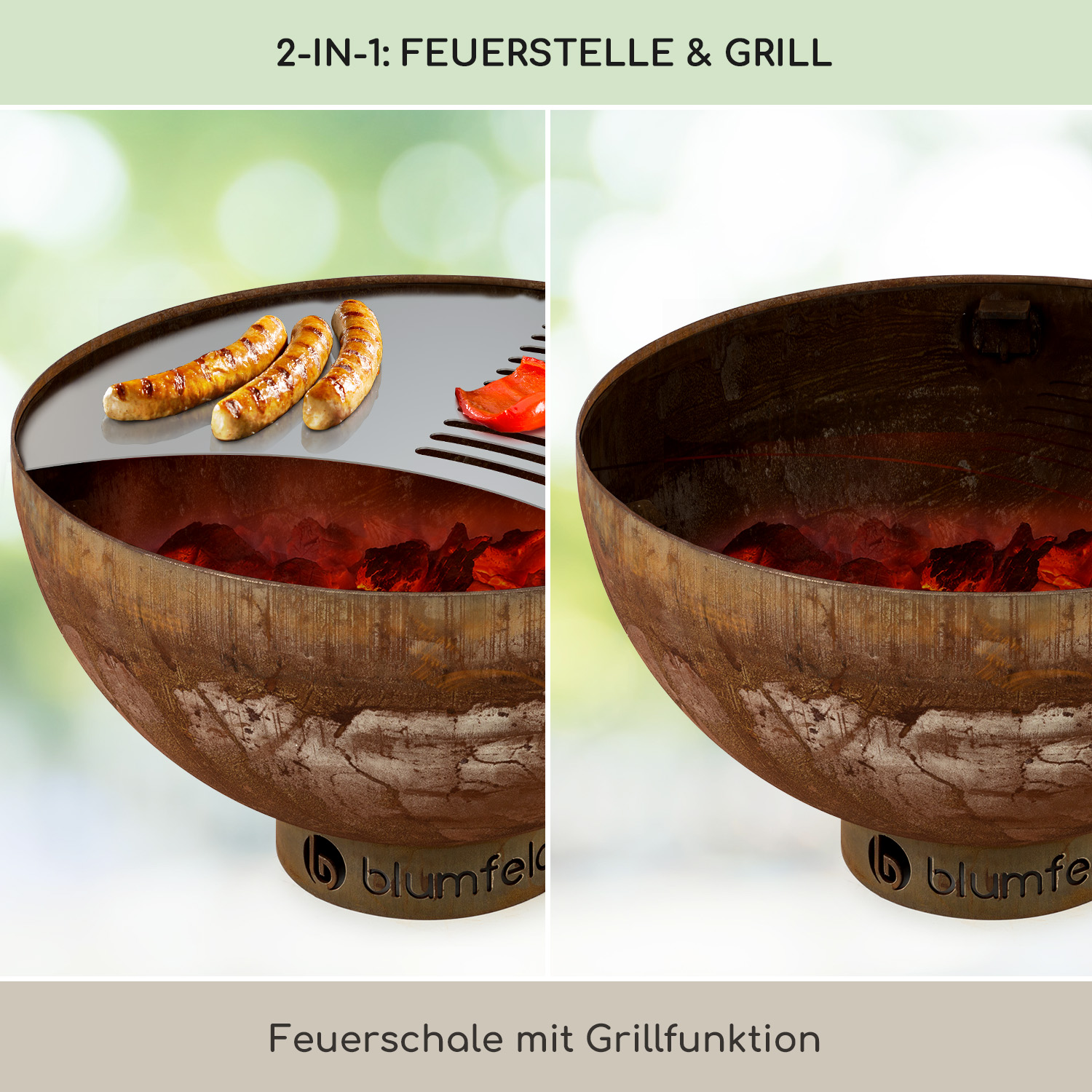 Feuerstelle mit Grillfunktion. Hat zwei Bilder, eines mit Würstchen auf dem Grill, das andere leer.